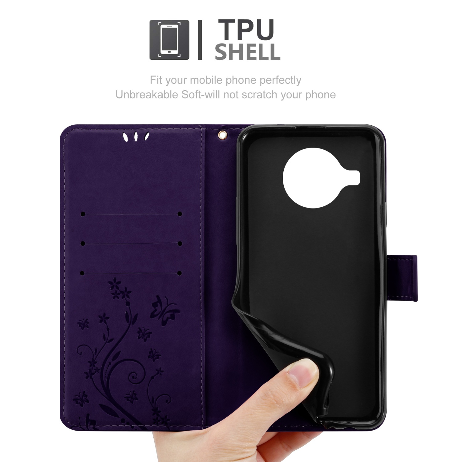 Étui de téléphone violet avec motif floral et une main tenant le téléphone.