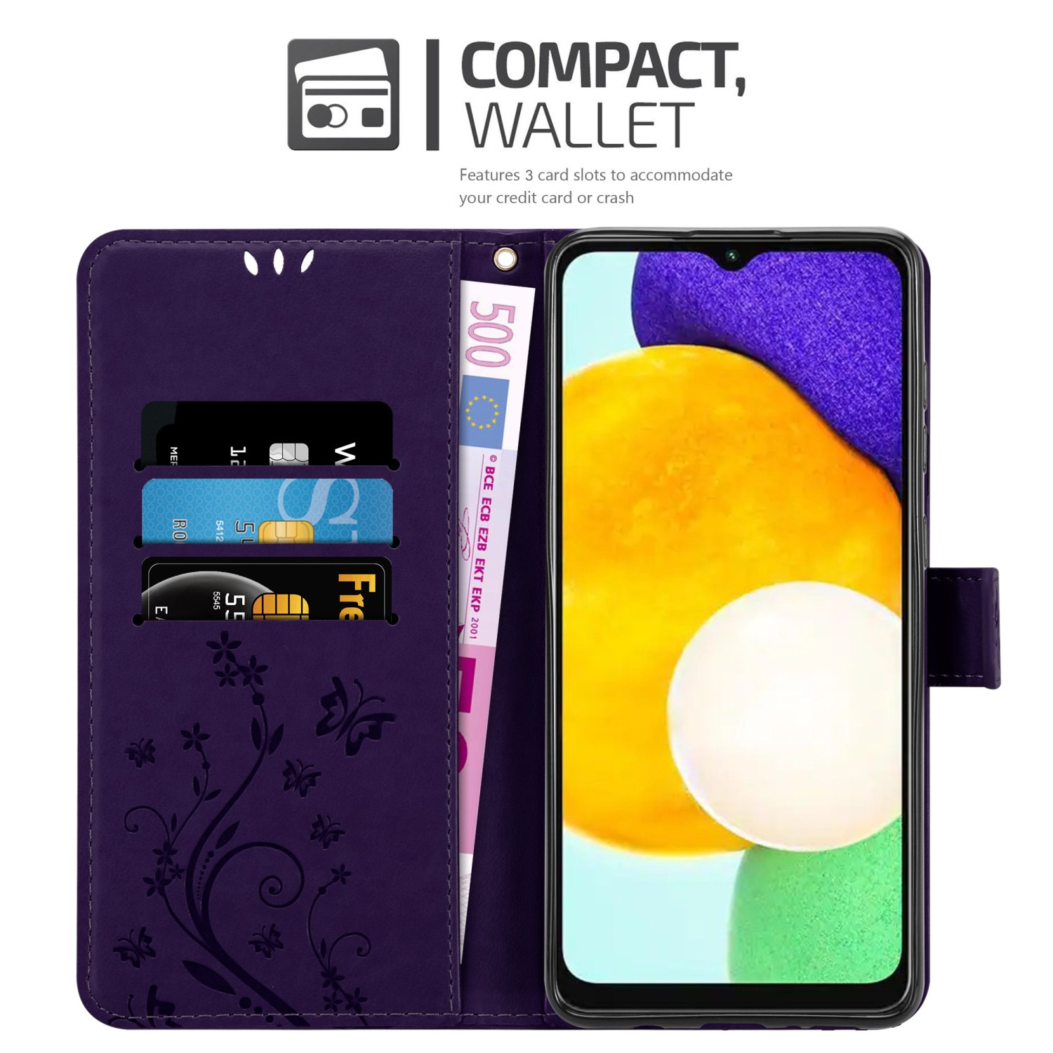 Étui de téléphone violet, ouvert, montrant des cartes, de l'argent et l'écran du téléphone. Le téléphone est allumé.