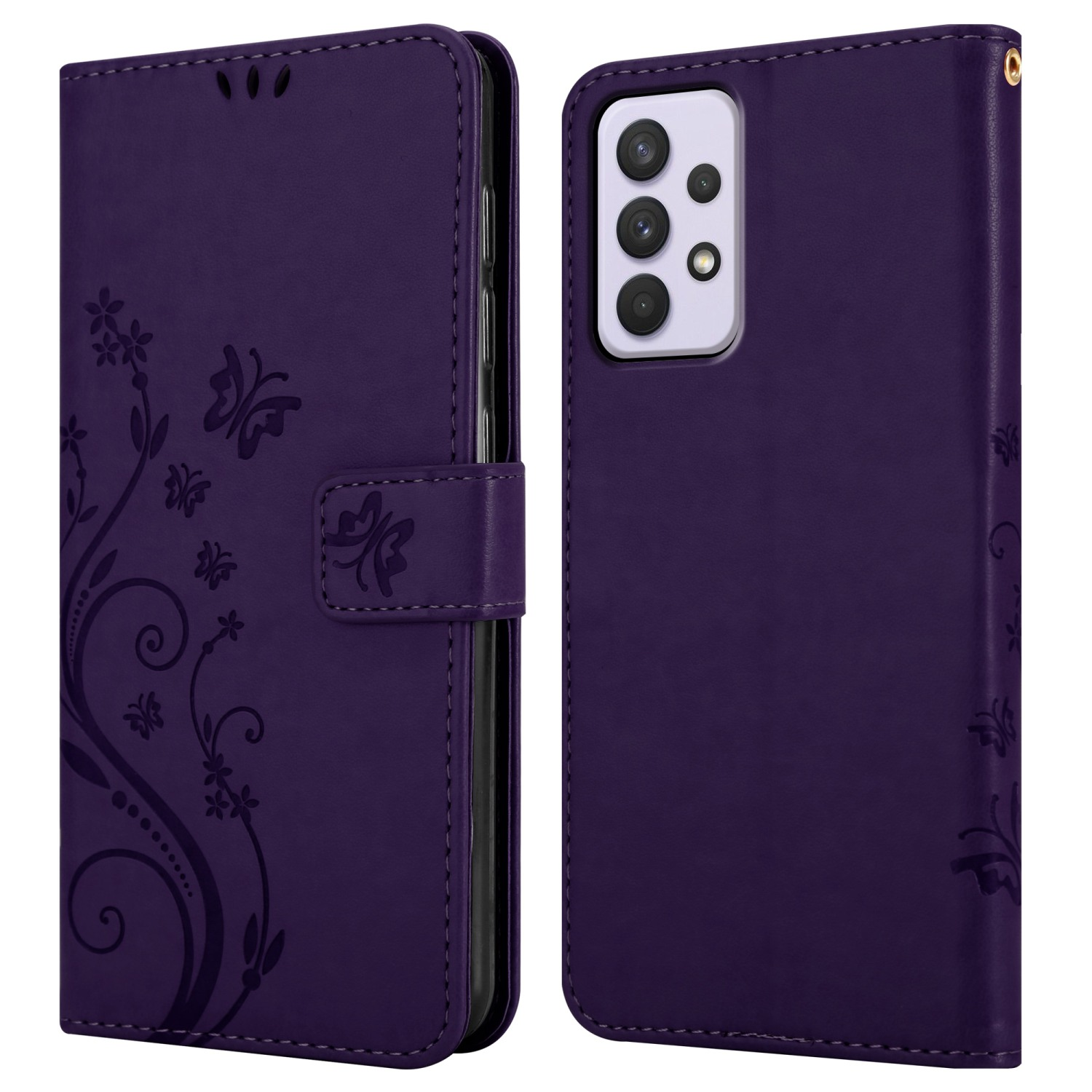 Una custodia per telefono viola con un design floreale è aperta, rivelando un telefono. La custodia presenta una chiusura magnetica.