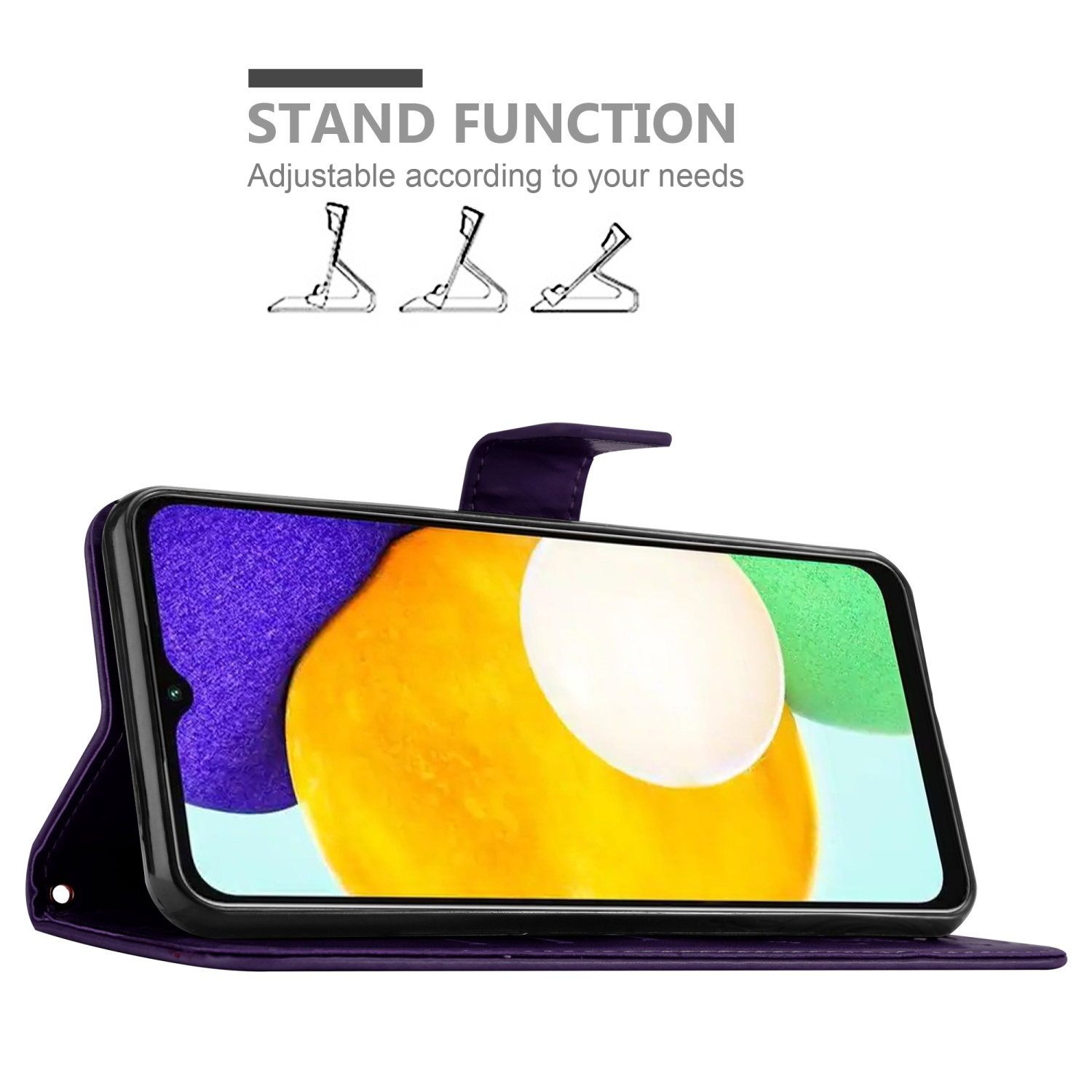 Étui violet avec fonction support. Le téléphone affiche un fond jaune et blanc.