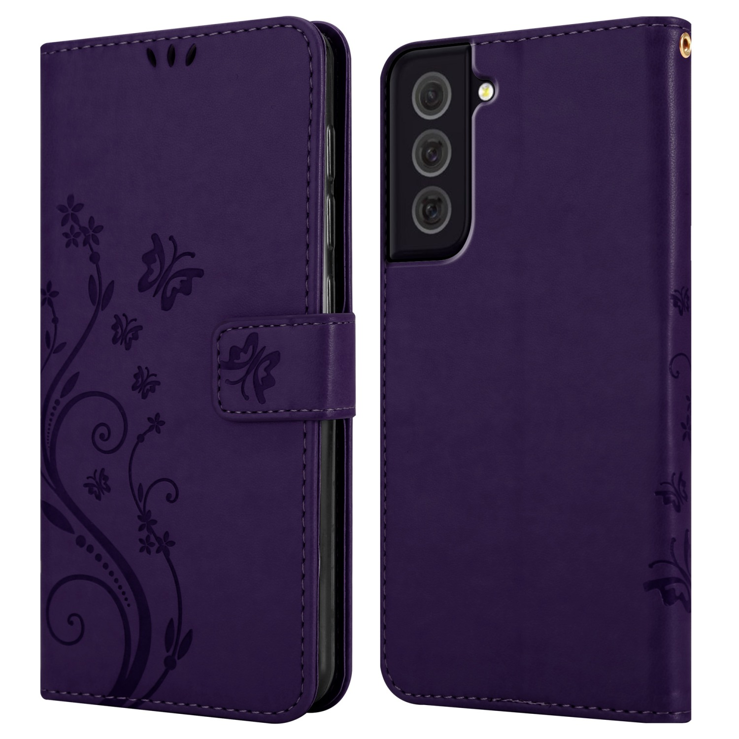 Custodia per telefono viola con design floreale. È chiusa e aperta.