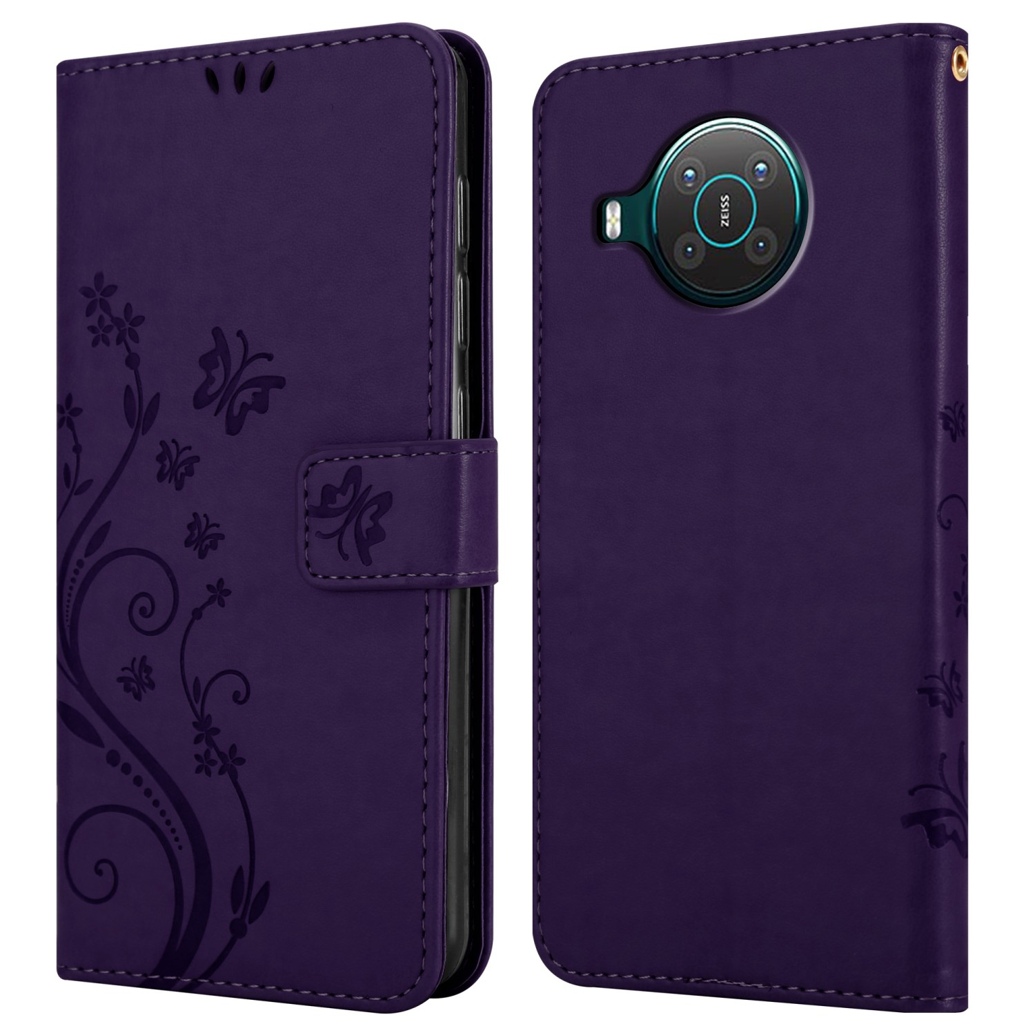 Coque de téléphone violette avec un motif floral à l'avant et une lentille de caméra à l'arrière.
