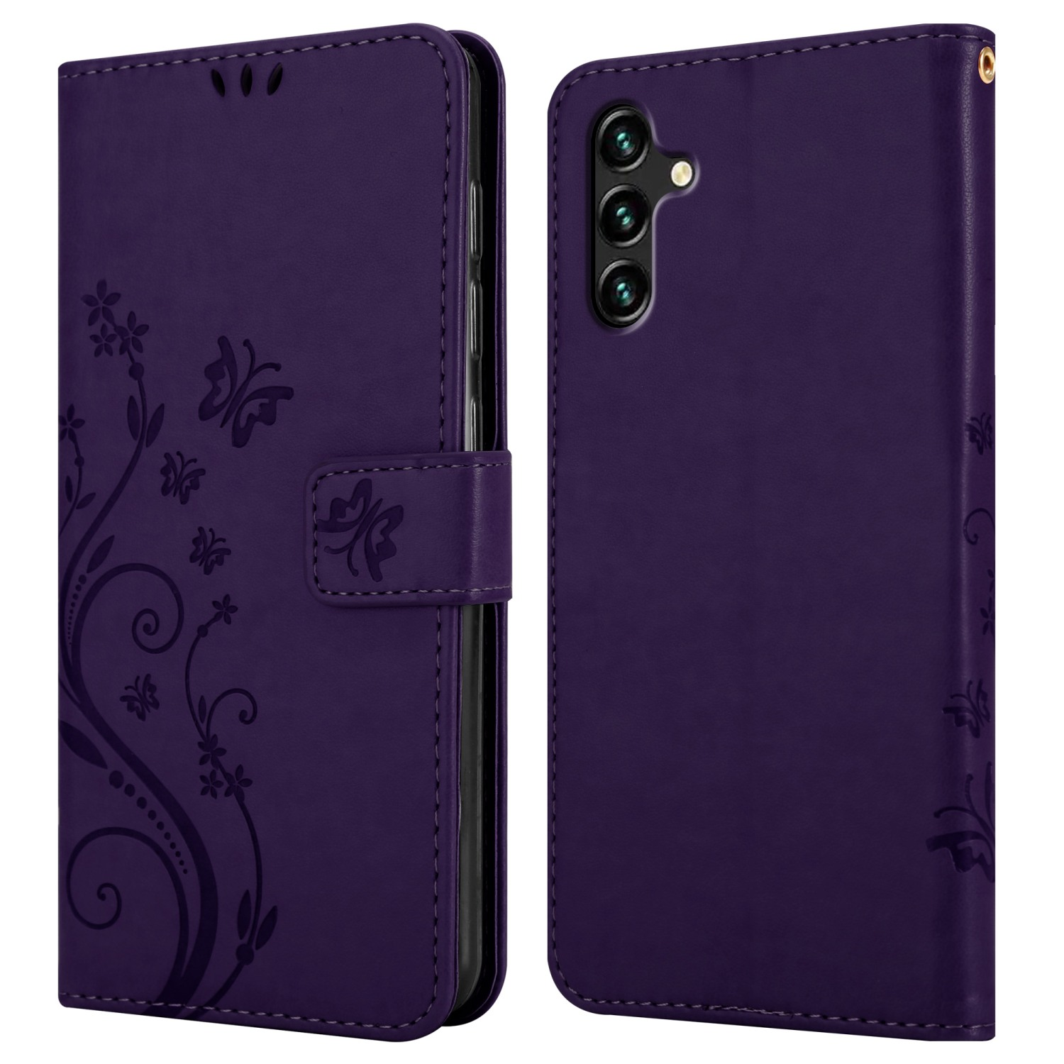 Coque de téléphone violette, fermée, avec motif floral et un téléphone à l'intérieur.