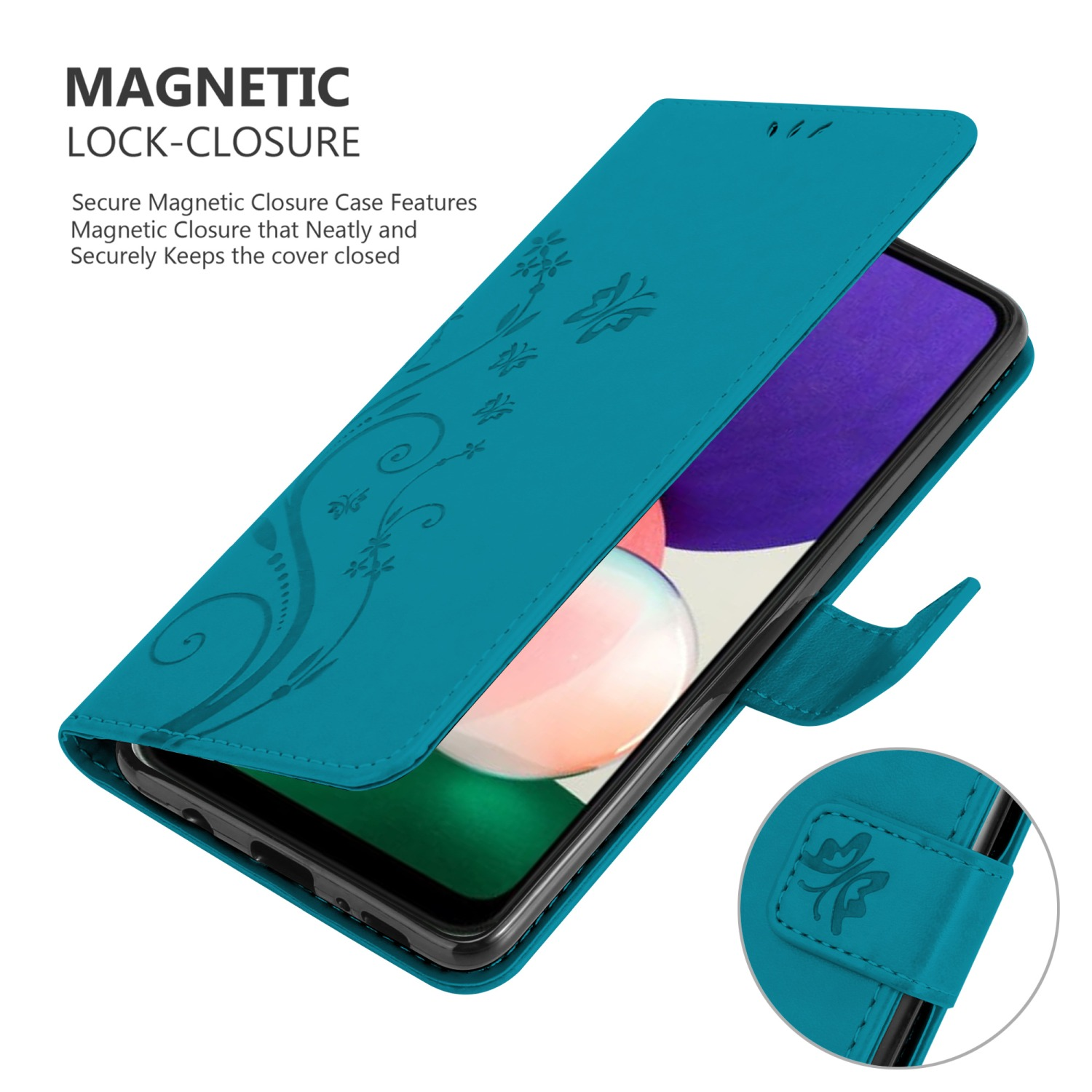Una custodia per telefono verde acqua, che mostra un telefono. La custodia ha un motivo a farfalla e floreale e una chiusura magnetica.
