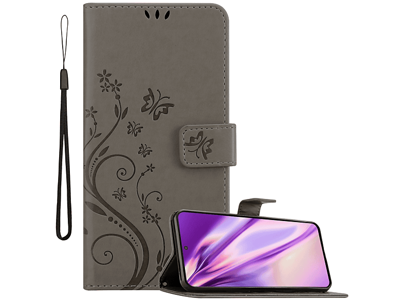 Muster Hülle Flower Samsung, FLORAL Bookcover, CADORABO S22, Case, GRAU Blumen Galaxy