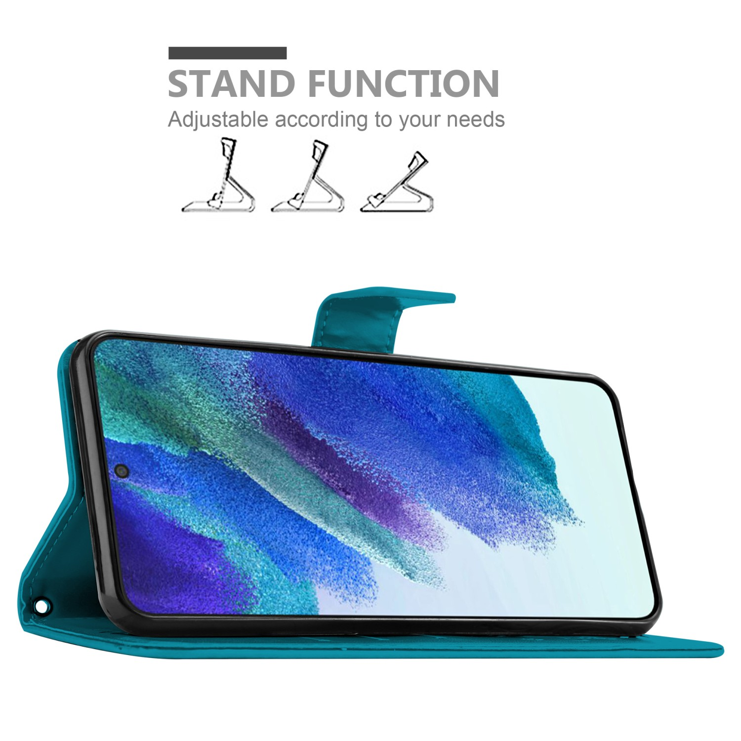 Custodia verde acqua con funzione supporto, schermo blu del telefono.