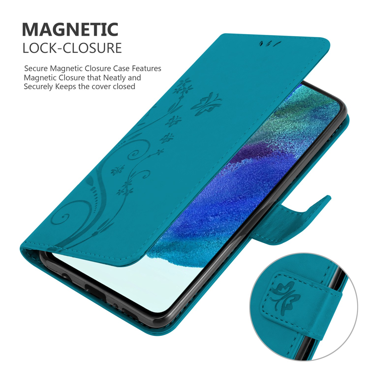 Custodia per telefono turchese con design floreale e chiusura magnetica.
