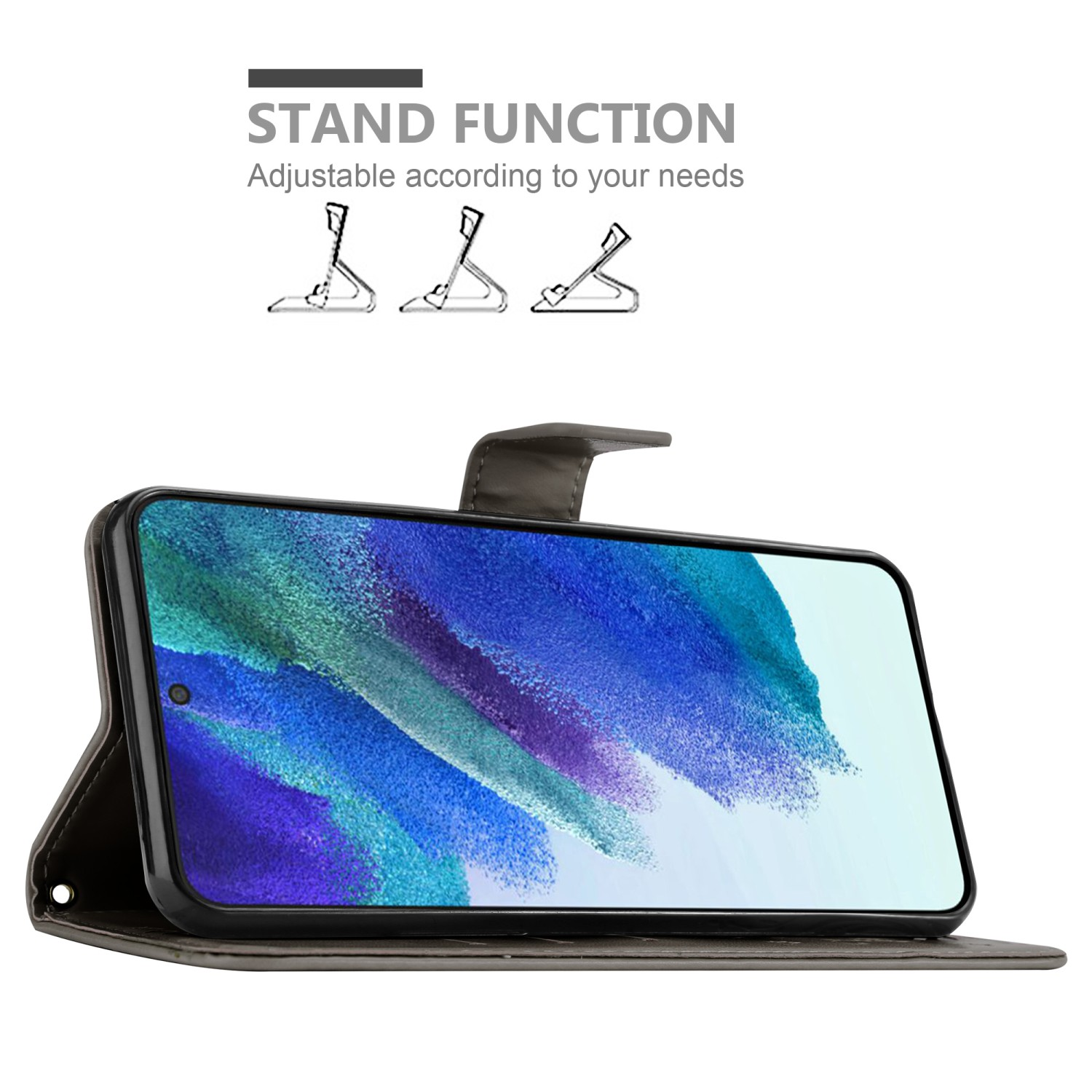 Custodia telefono aperta con telefono dentro. Testo e diagrammi funzione stand visibili.