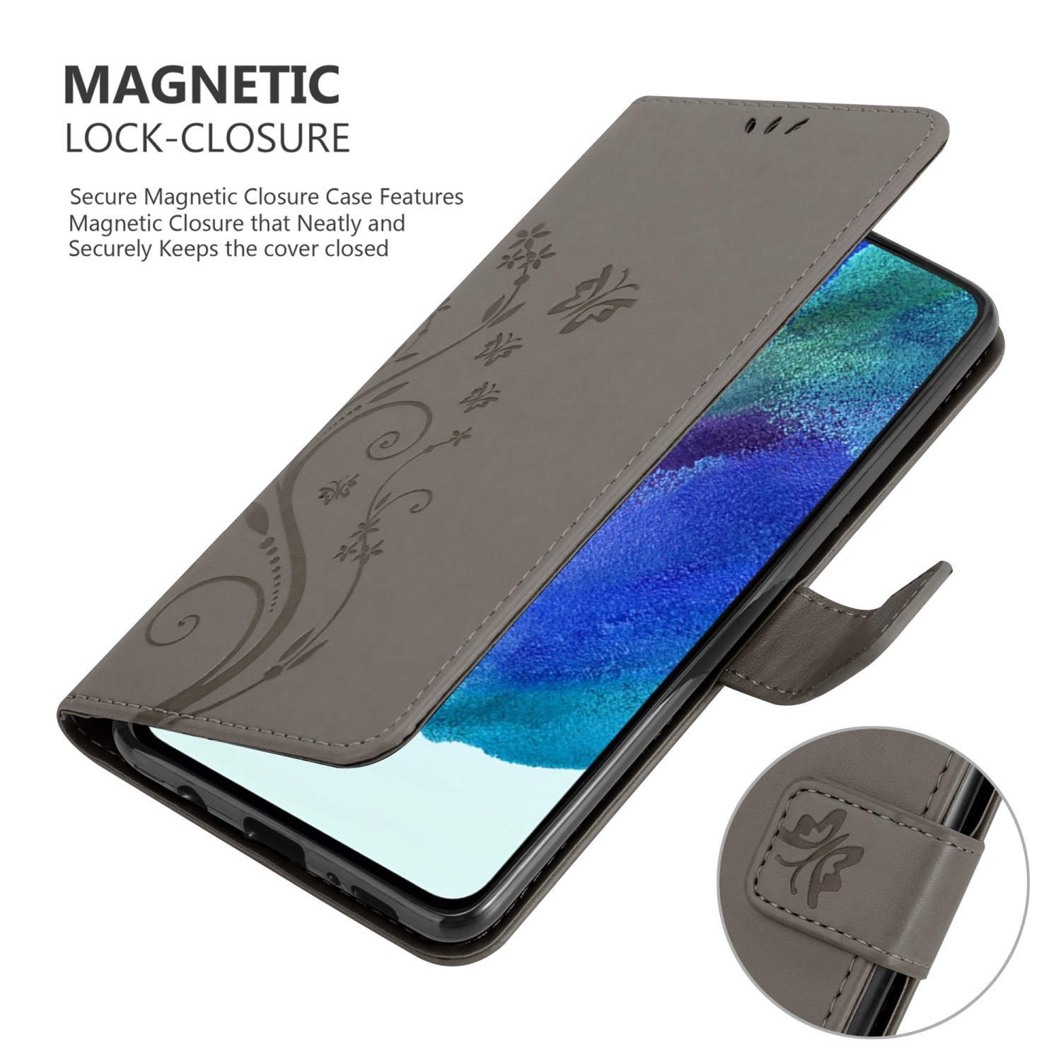 Custodia grigia aperta, mostra lo schermo del telefono. Design floreale e chiusura magnetica.