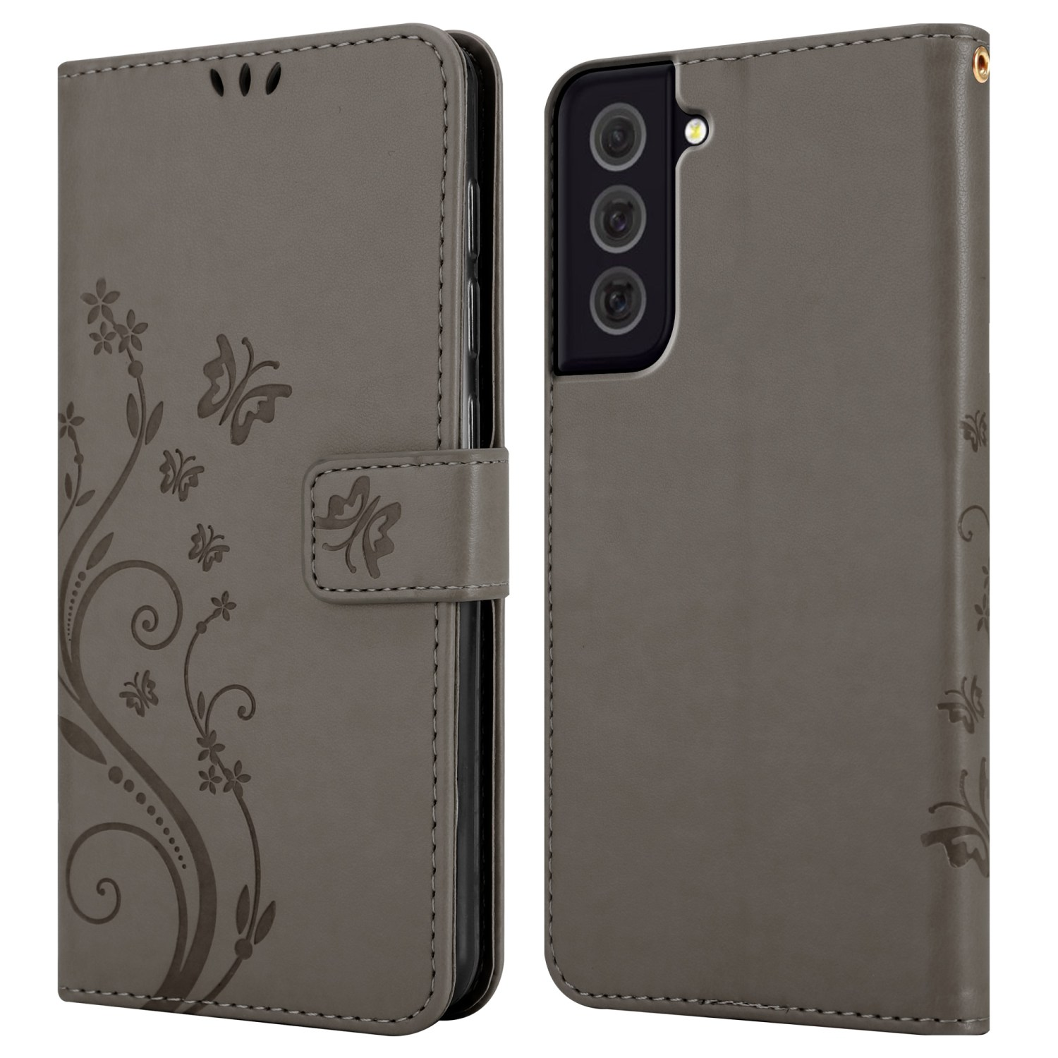 Una custodia grigia per telefono con un design floreale. Ha una chiusura magnetica e un motivo a farfalla.