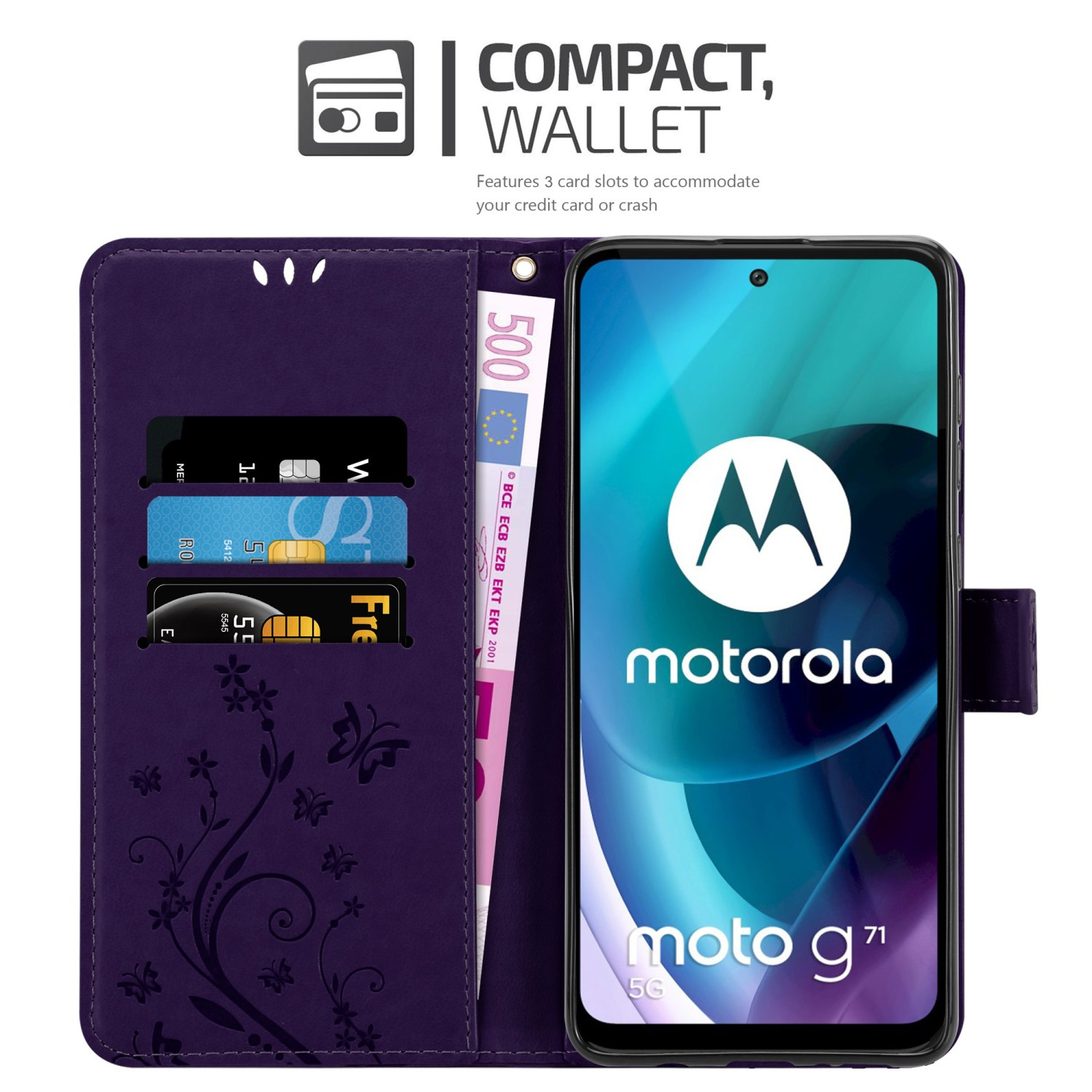 Custodia viola per telefono, aperta, con design floreale, carte di credito e un telefono.