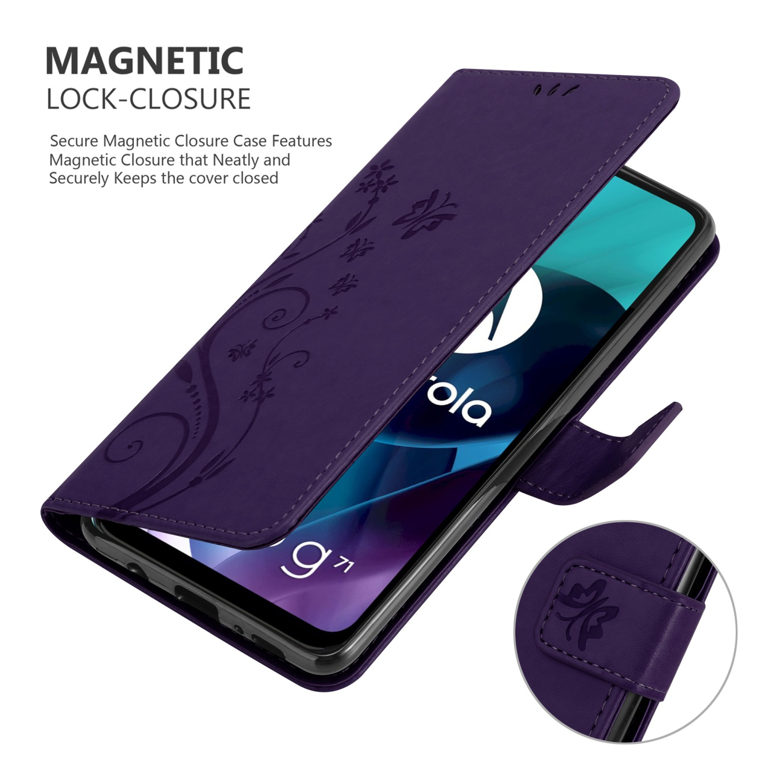 Custodia viola aperta, mostra schermo. Design floreale. Testo: Magnetic Lock-Closure.