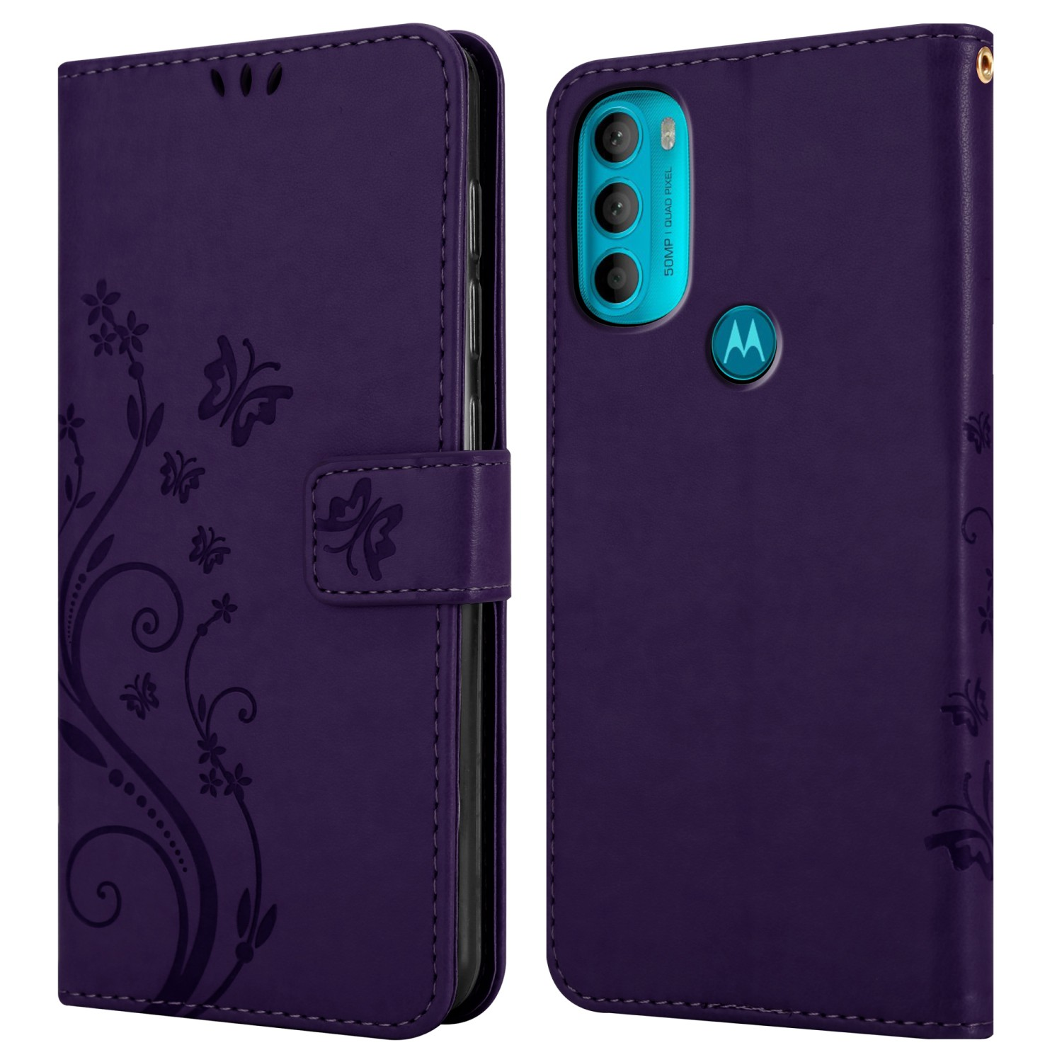 Una custodia per telefono viola, aperta che mostra un telefono. La custodia ha un design floreale e una fotocamera.