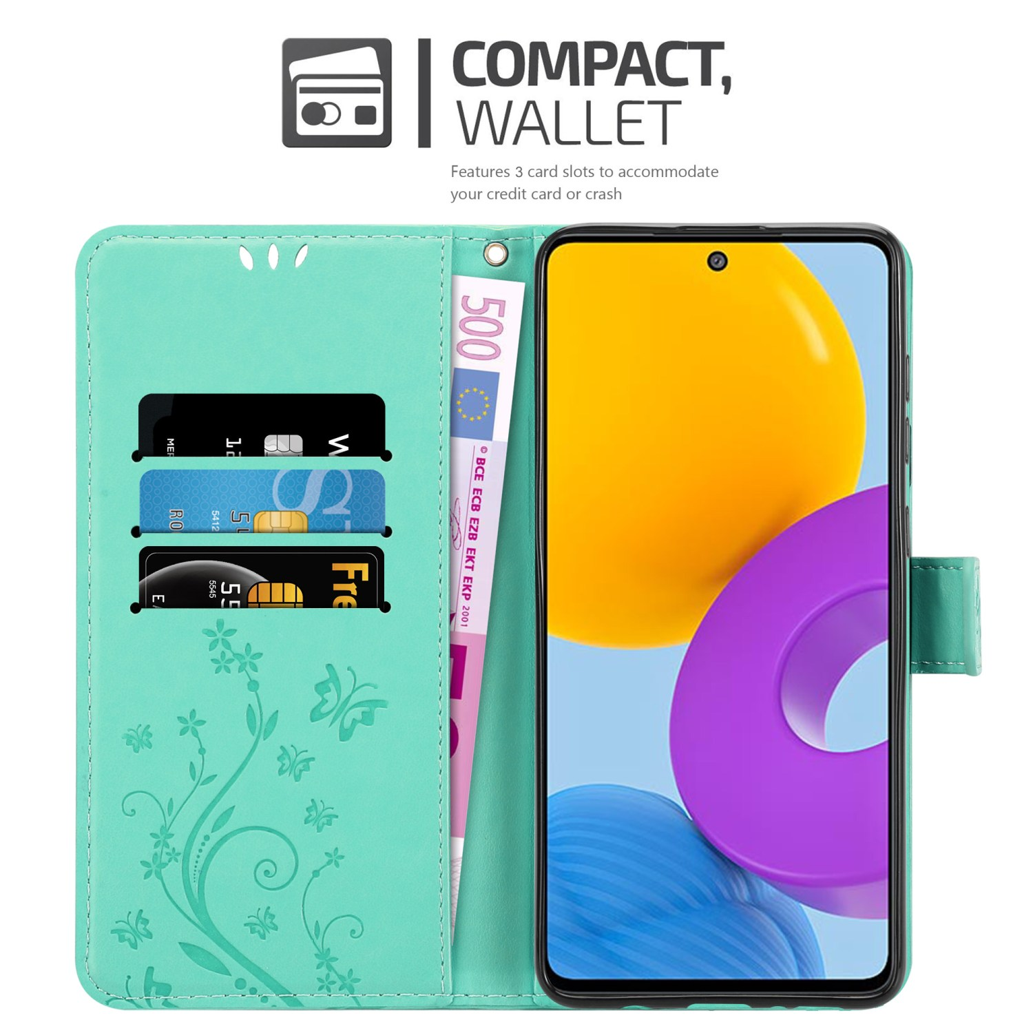 Custodia a portafoglio per telefono verde menta, aperta, con carte, denaro e un telefono con schermo giallo e viola.