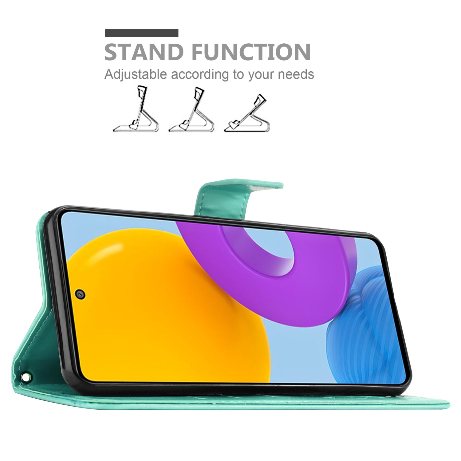 Una custodia per telefono verde acqua, aperta, che mostra lo schermo del telefono. La funzione stand è mostrata.