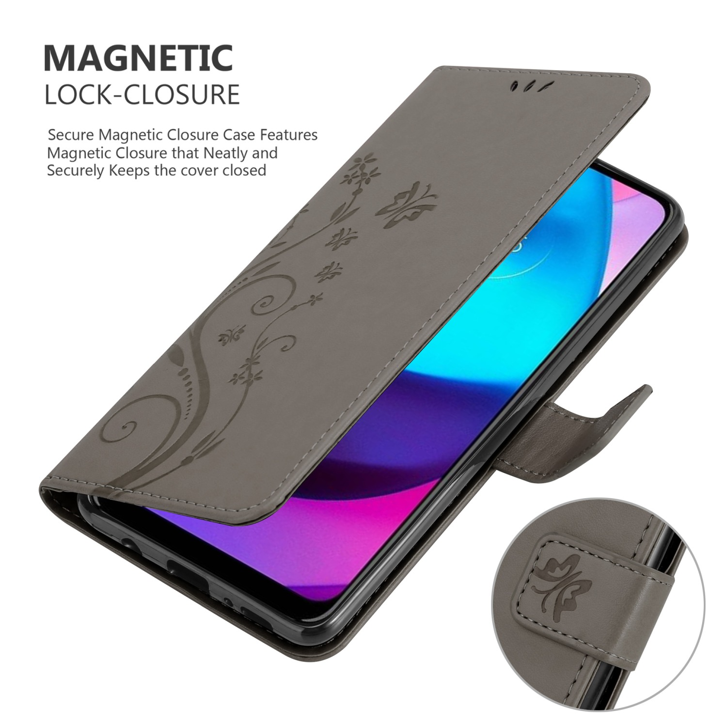 Custodia grigia per telefono con motivo floreale, chiusura magnetica.