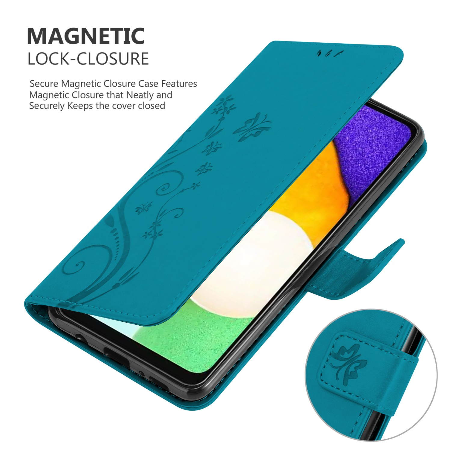 Una custodia turchese per telefono con un design floreale. Il testo dice 'Chiusura magnetica'.