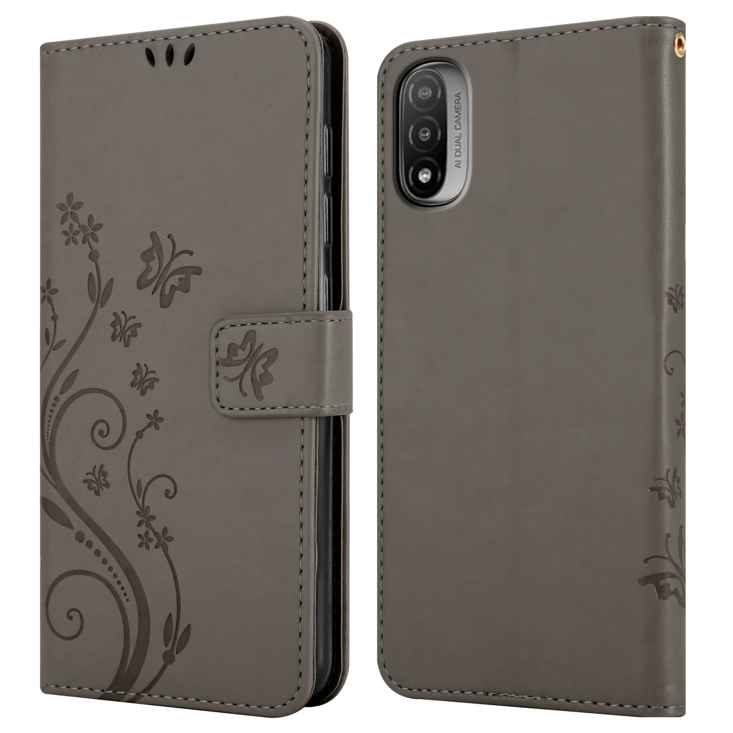 Una custodia per telefono grigia con un design a farfalla. La custodia è chiusa, che mostra il motivo.