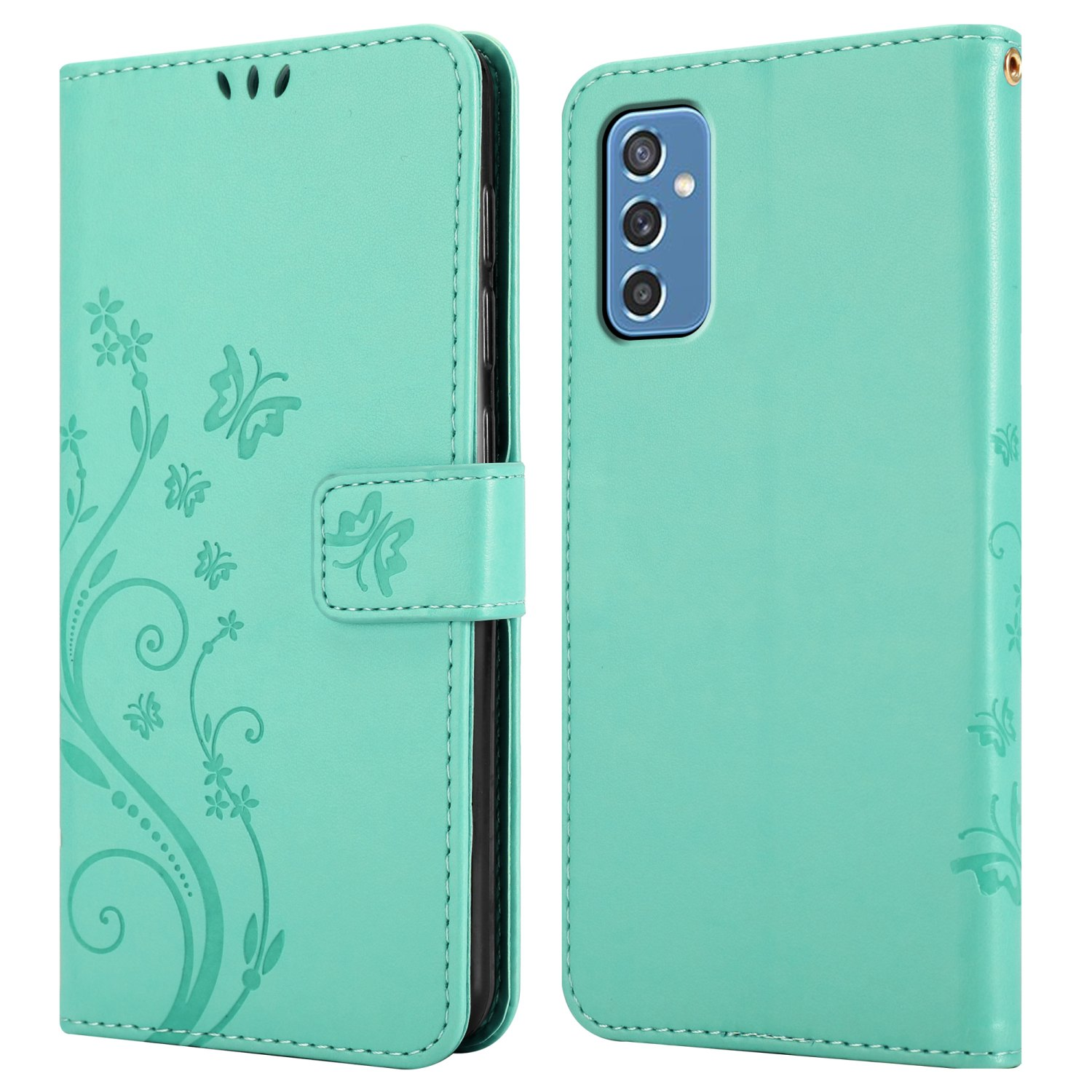 Custodia verde per telefono, chiusa, con un design floreale. Sfondo bianco.