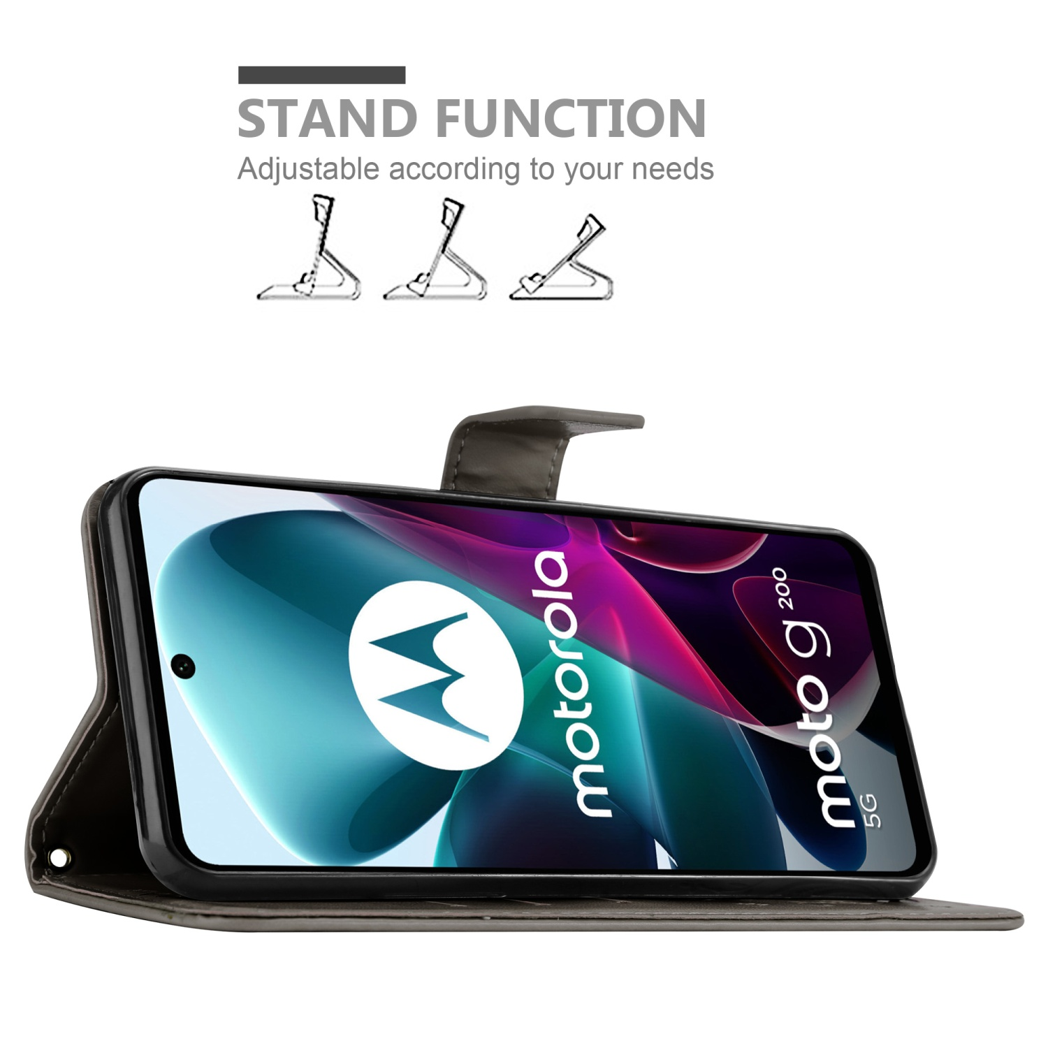 Telefono in custodia grigia, può essere un supporto. Testo: Funzione supporto.