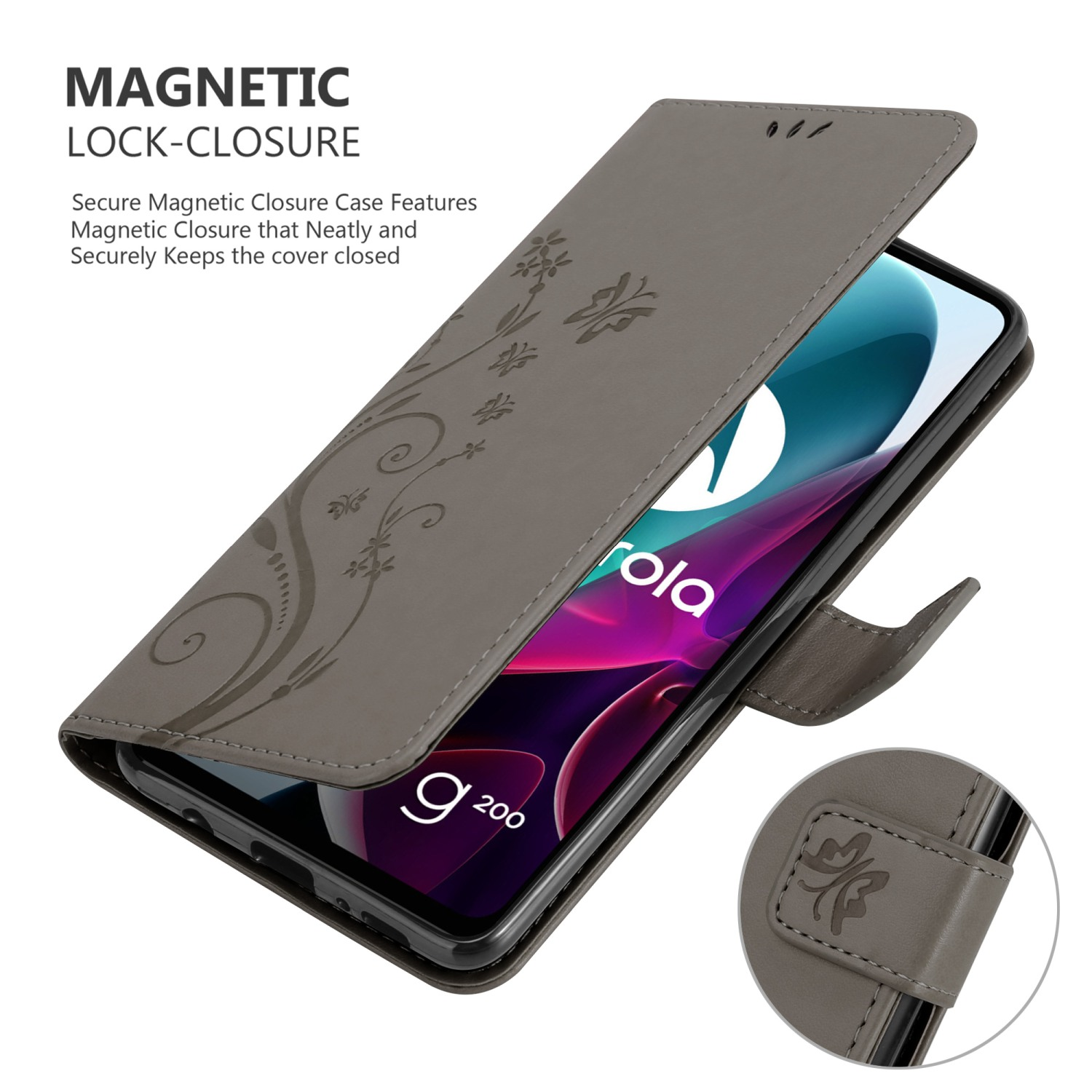 Custodia del telefono grigia aperta, design floreale. Testo: Chiusura magnetica. Schermo visibile.