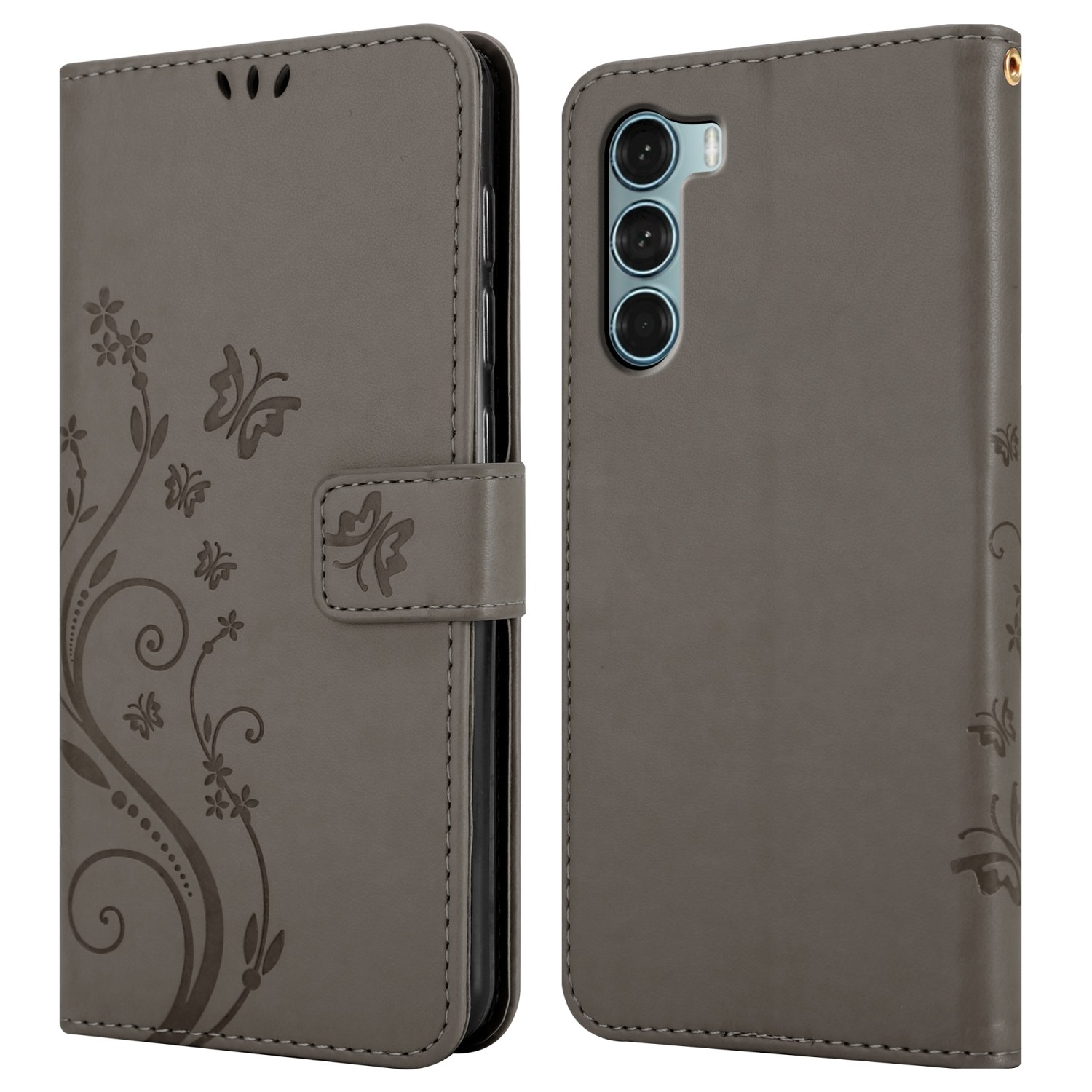 Custodia per telefono grigia, chiusa, che mostra un design. Testo sul lato. Il telefono ha 3 fotocamere.