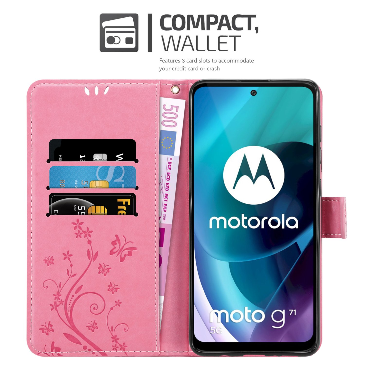 Una custodia rosa con un telefono all'interno. Offre 3 slot per carte e uno per banconote.