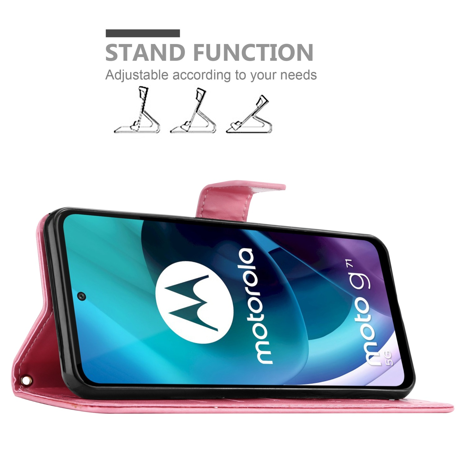Custodia rosa con logo Motorola. Funzione stand. Sfondo bianco.