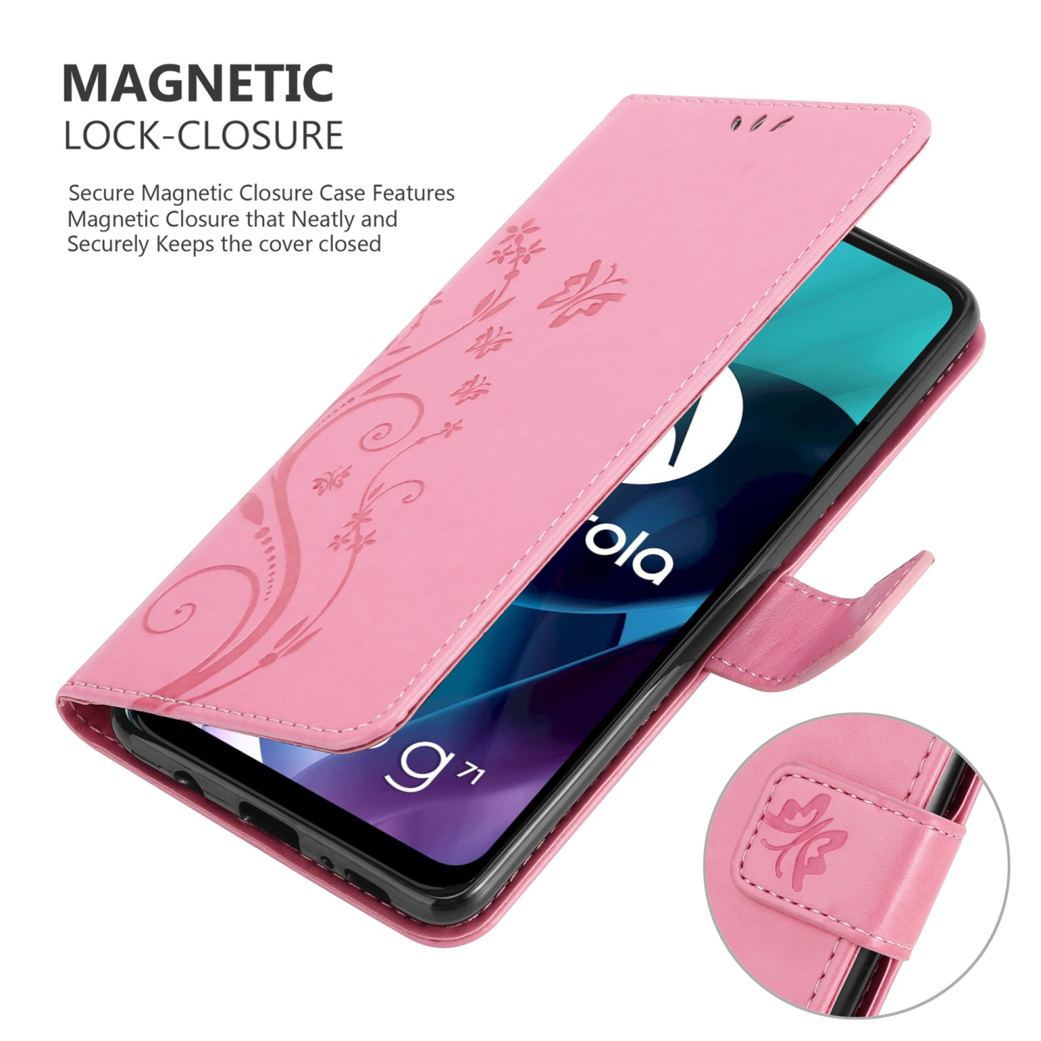 Custodia rosa aperta, design floreale, chiusura magnetica, telefono dentro.
