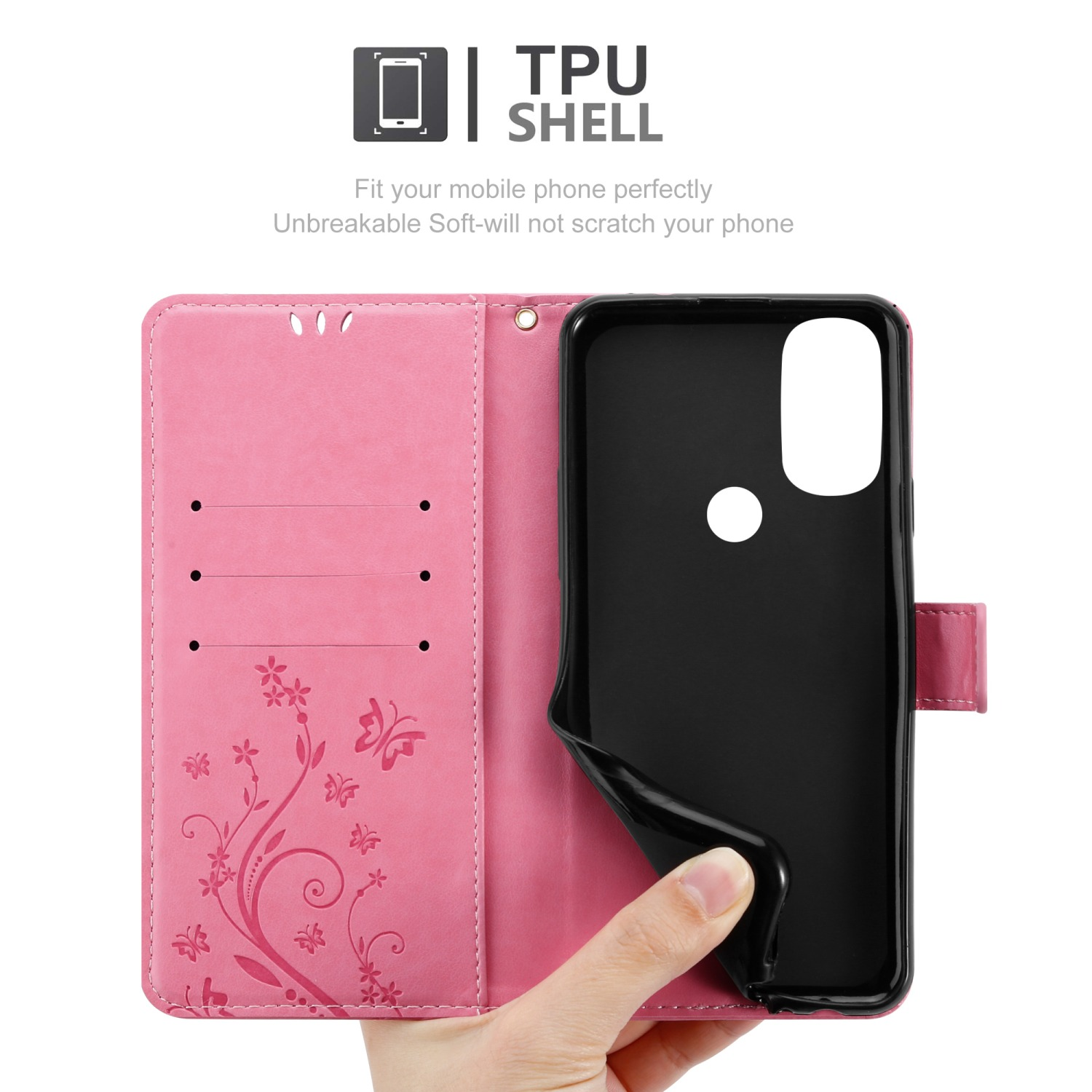 Custodia per telefono rosa aperta, che mostra il telefono e un guscio in TPU all'interno.
