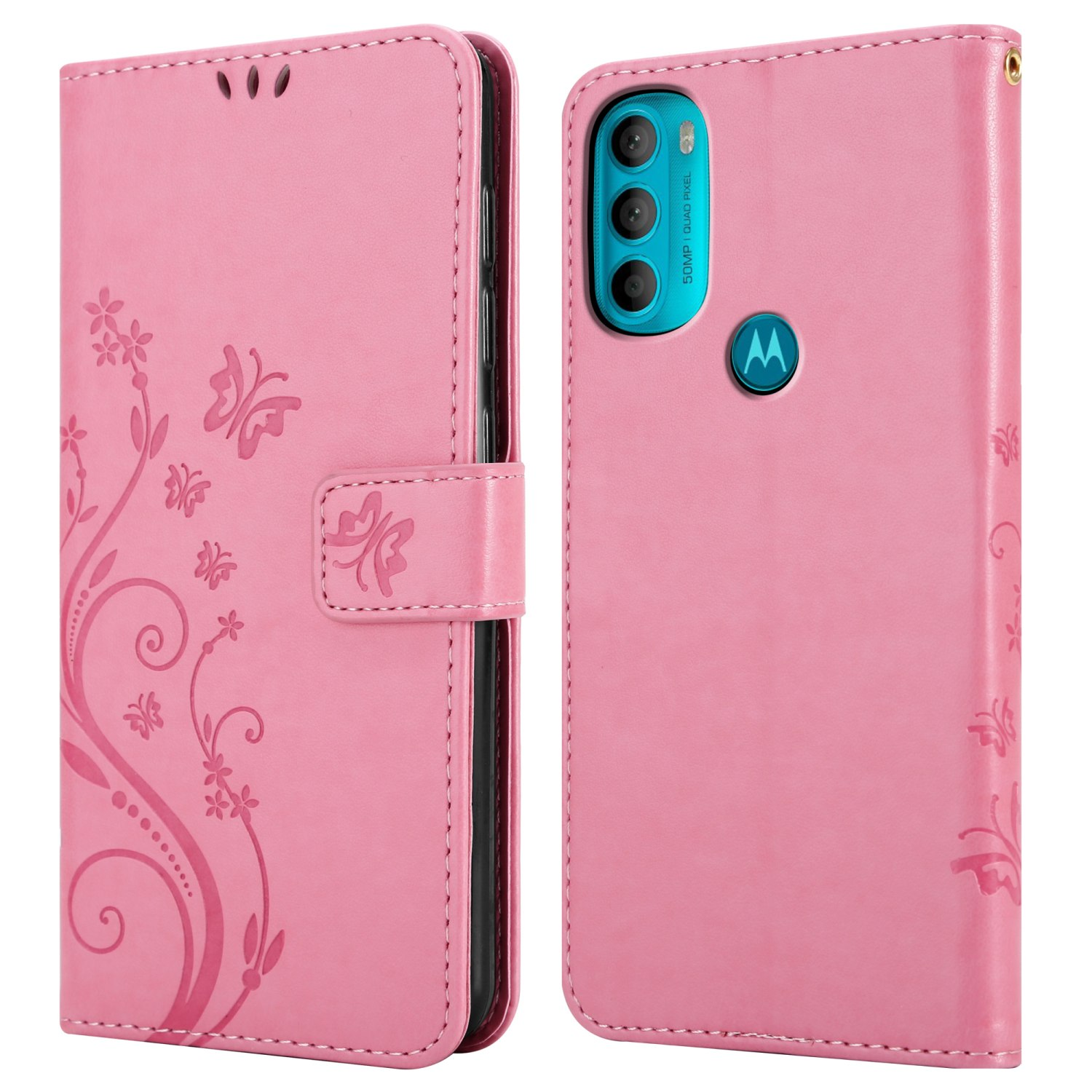 Custodia per telefono rosa con design floreale e un logo Motorola. La custodia è aperta.