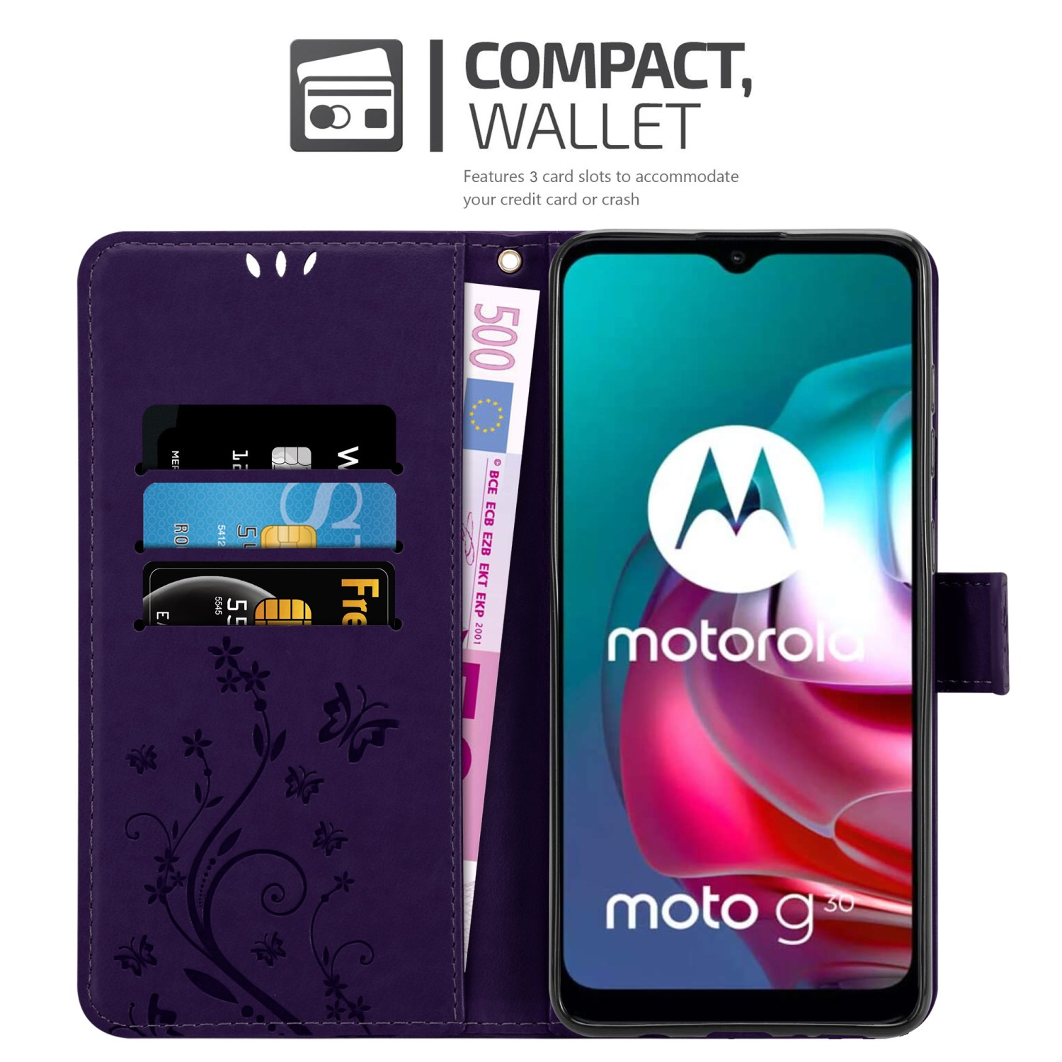 Custodia per telefono viola aperta con fessure per carte e denaro. Un telefono Motorola è nella custodia.