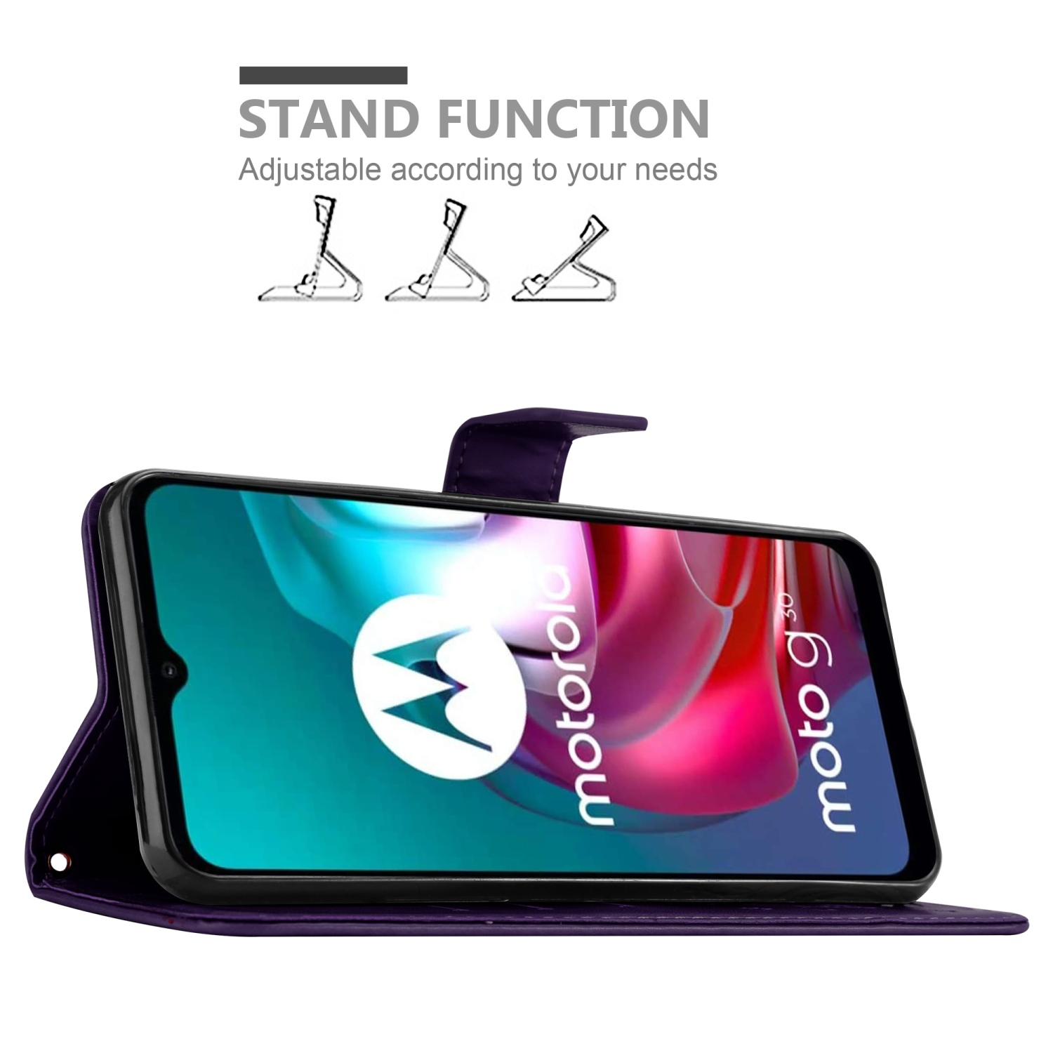Custodia per telefono viola con funzione stand. Il telefono mostra il logo Motorola. Uno stand è mostrato sullo sfondo.