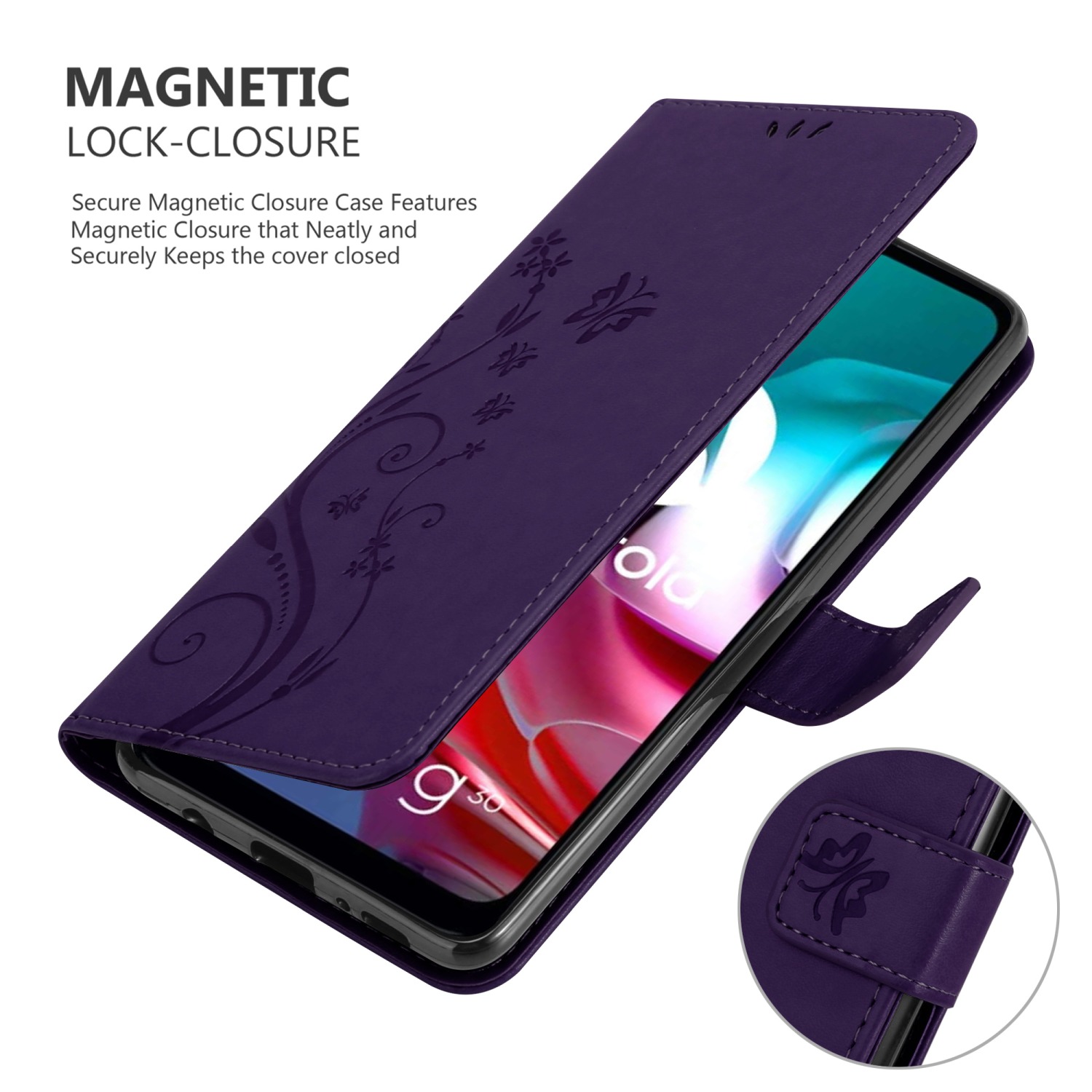 Custodia per telefono viola con chiusura magnetica. Design floreale sulla cover, schermo del telefono visibile all'interno.