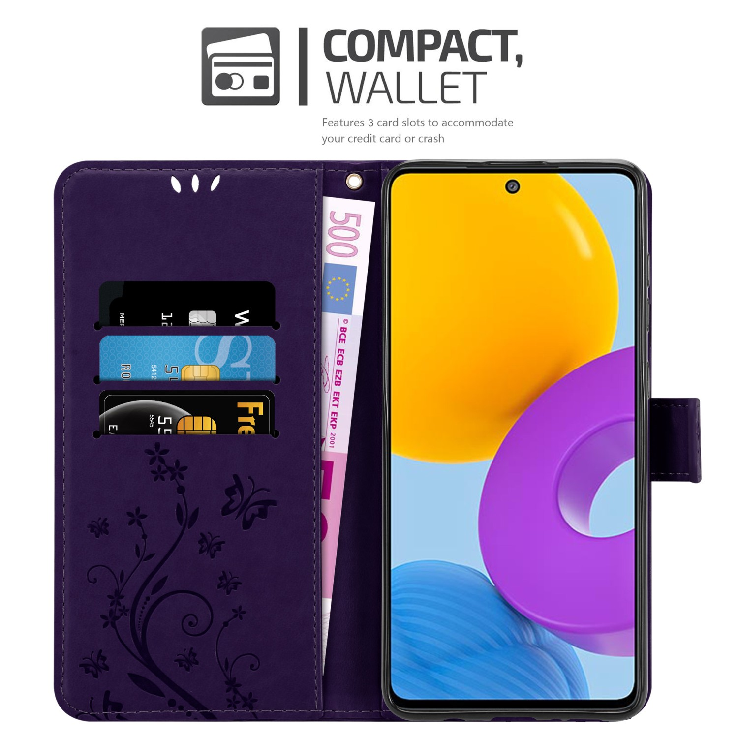 Custodia a portafoglio per telefono viola con carte e telefono. Presenta un design floreale, banconota da 500 euro e telefono Samsung.
