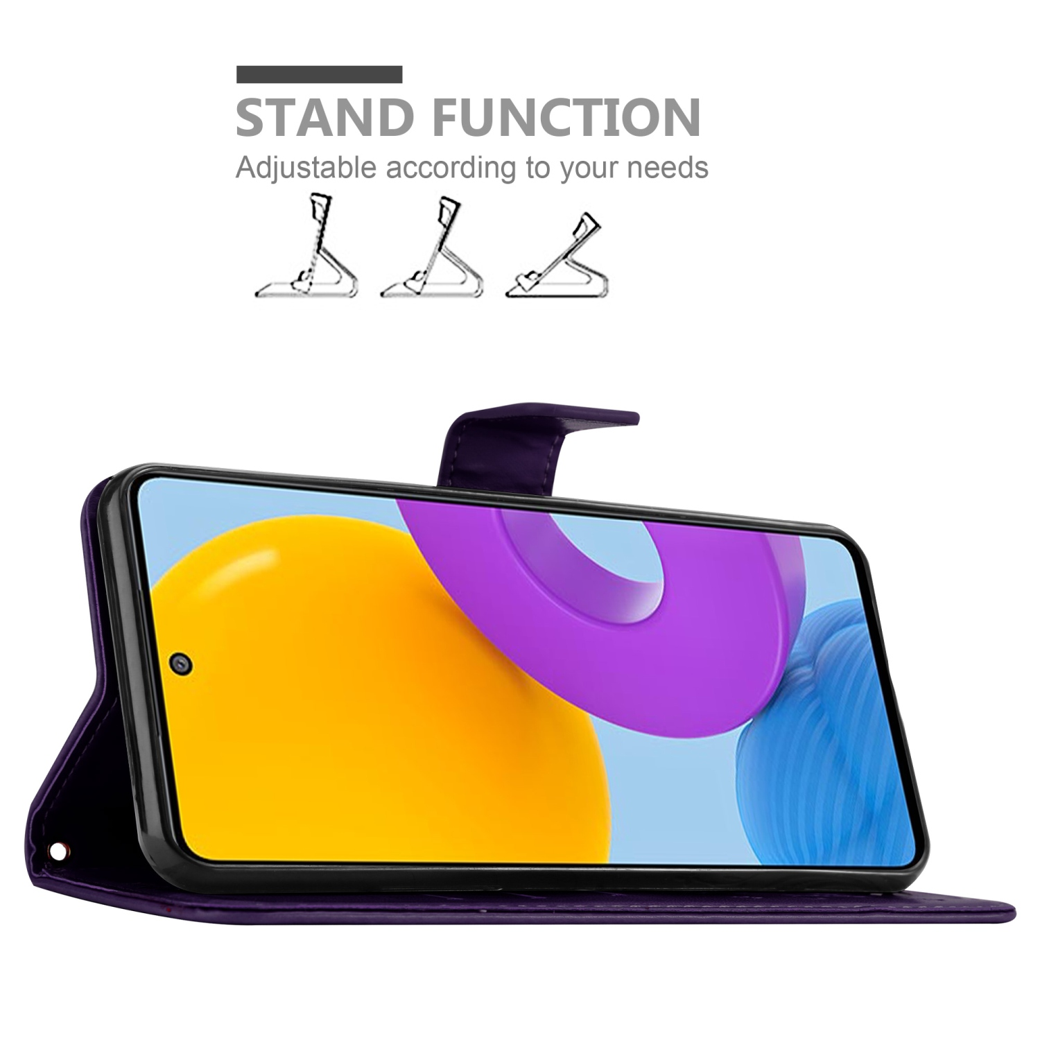 Un telefono in una custodia viola che mostra la funzione stand. Lo schermo del telefono mostra uno sfondo colorato.