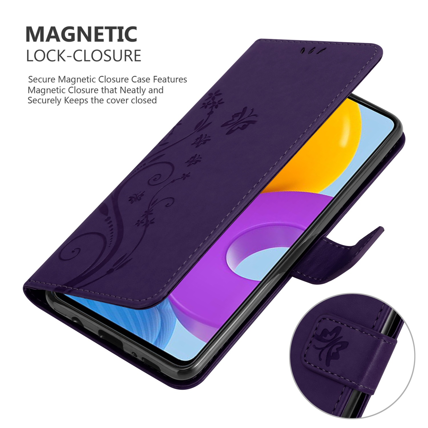 Custodia viola aperta, che mostra lo schermo del telefono. Design floreale, chiusura magnetica.