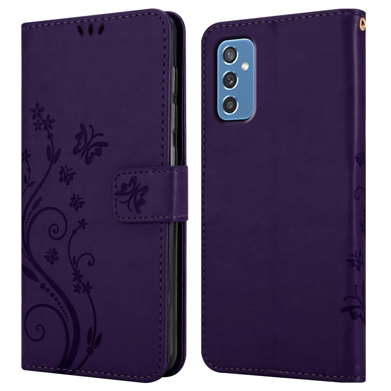 Custodia viola, chiusa, con un design floreale. Mostra la fotocamera del telefono.