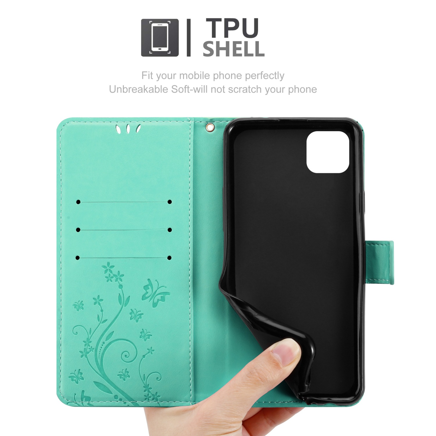 Una custodia per telefono verde acqua aperta. All'interno un telefono nero e fessure per carte.