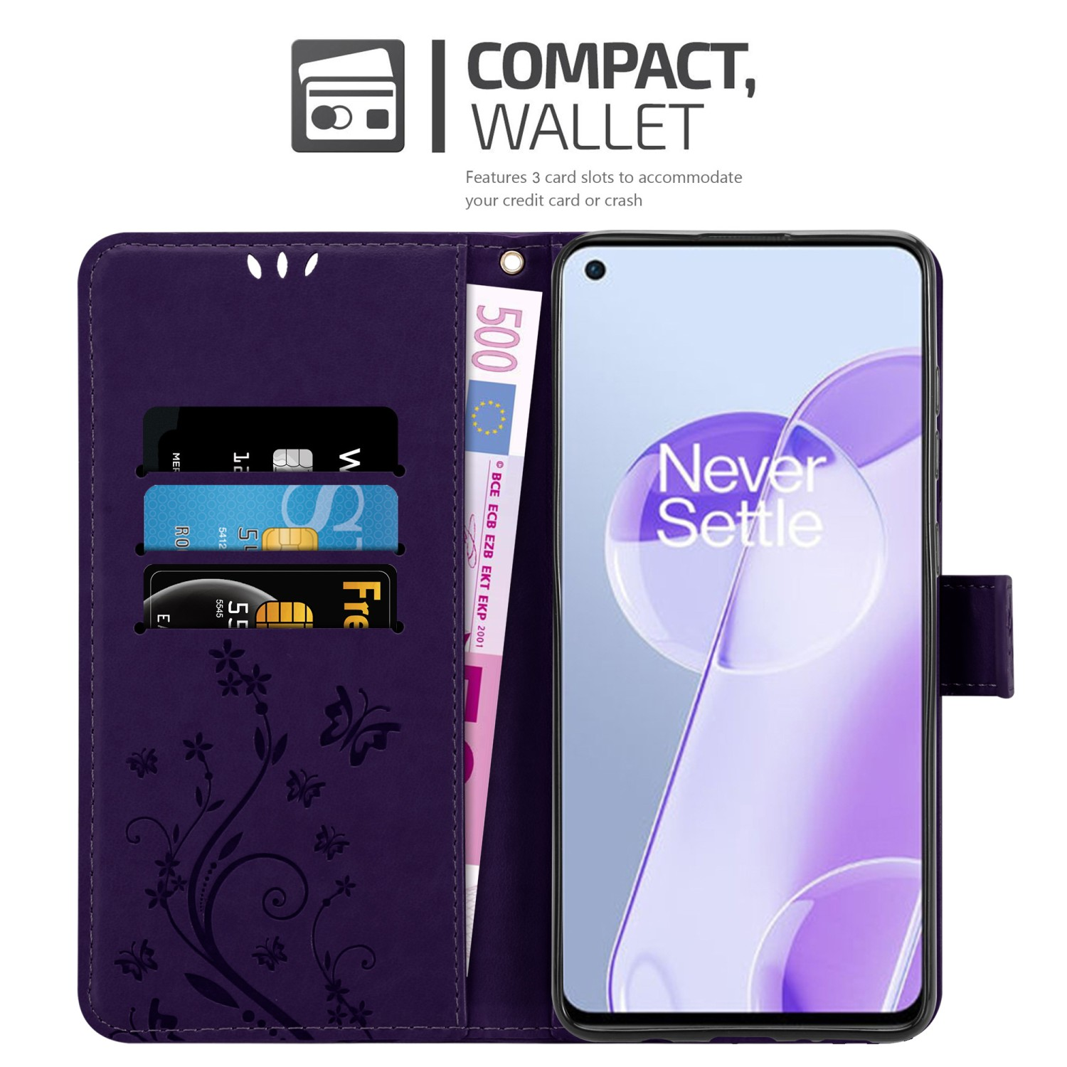 Custodia per telefono viola aperta con carte e denaro all'interno. Design floreale. Stile portafoglio.