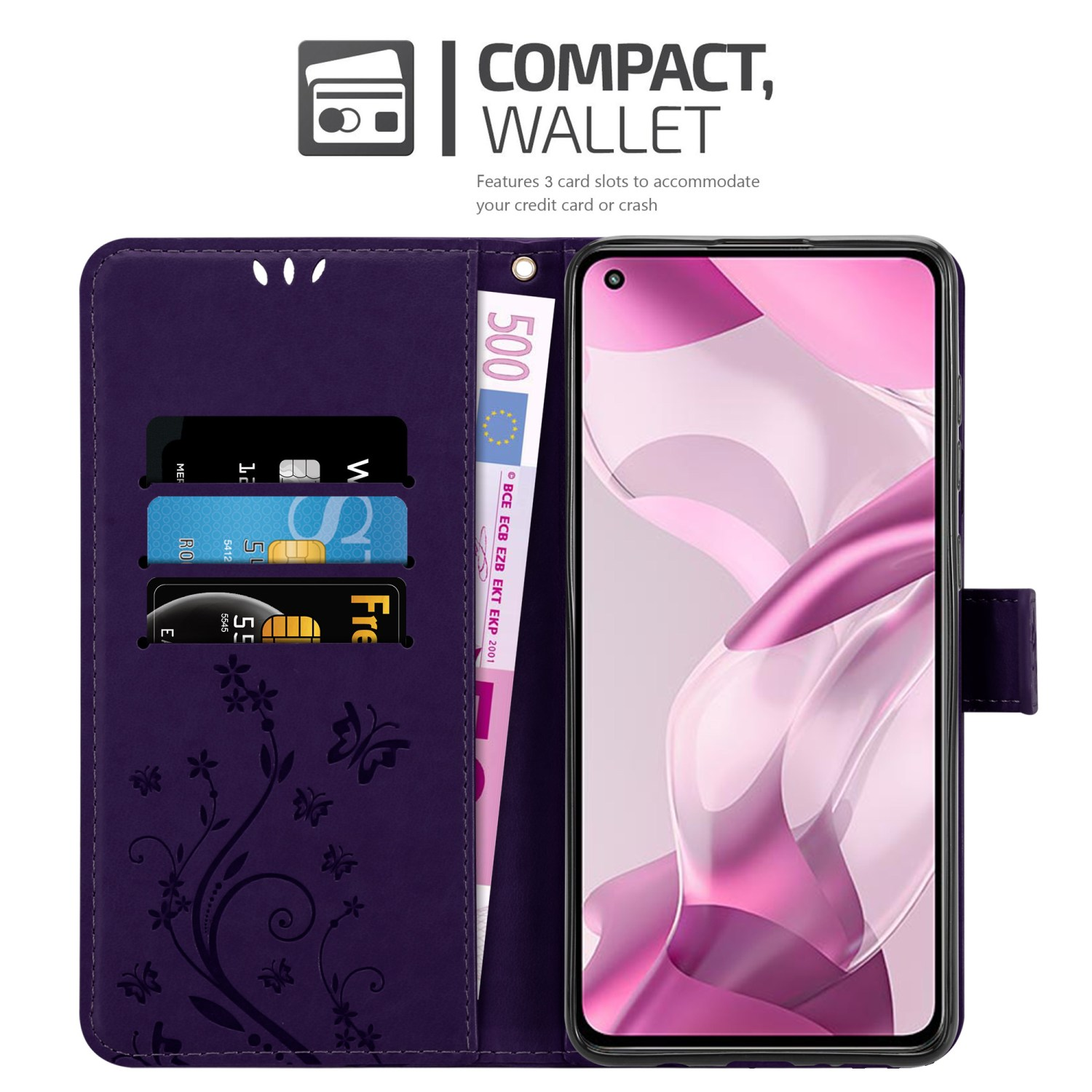 Custodia per telefono viola aperta con un telefono. Ci sono carte e soldi all'interno. Dice 'Wallet'.