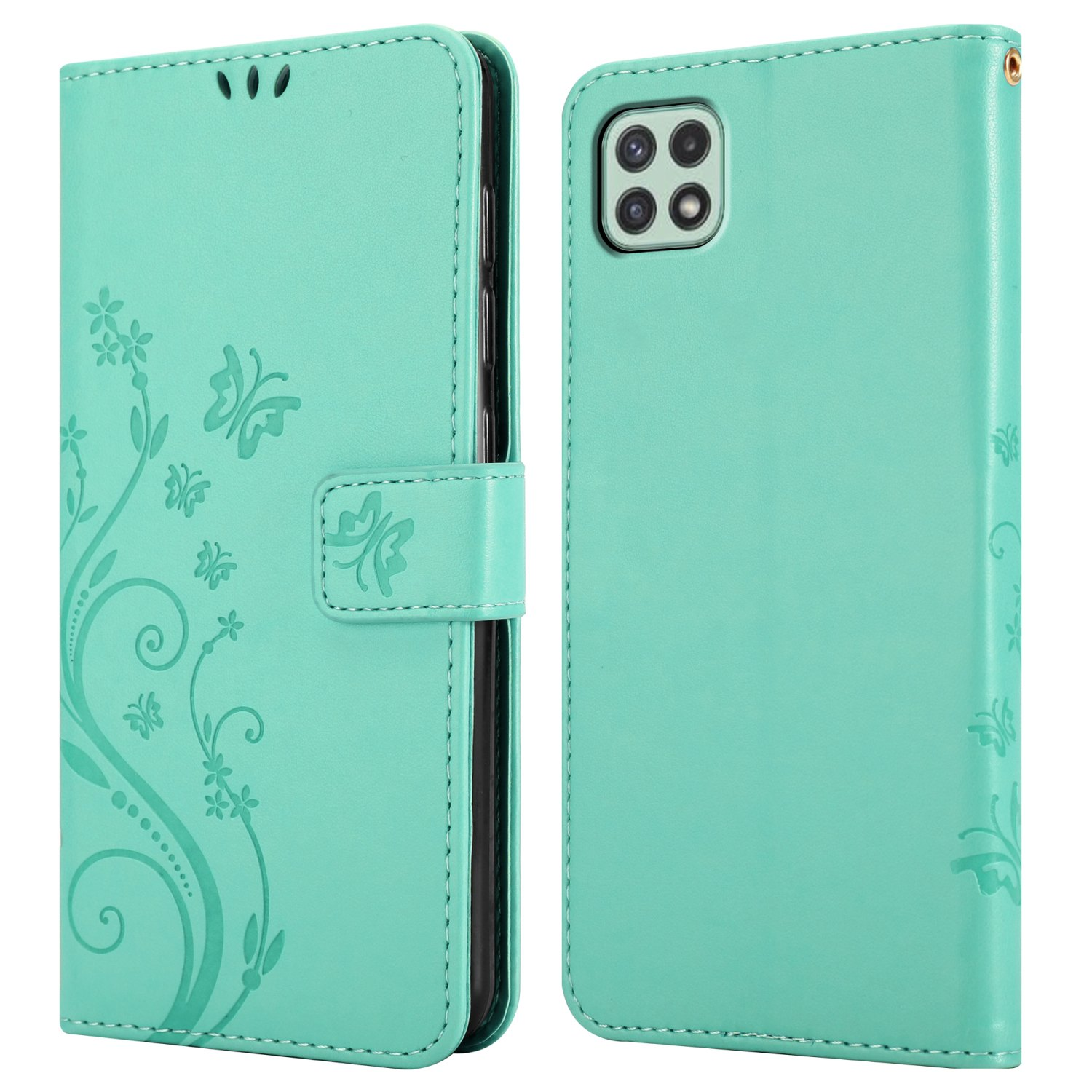 Custodia per telefono verde menta con motivo floreale, che mostra il design con finitura verde menta.