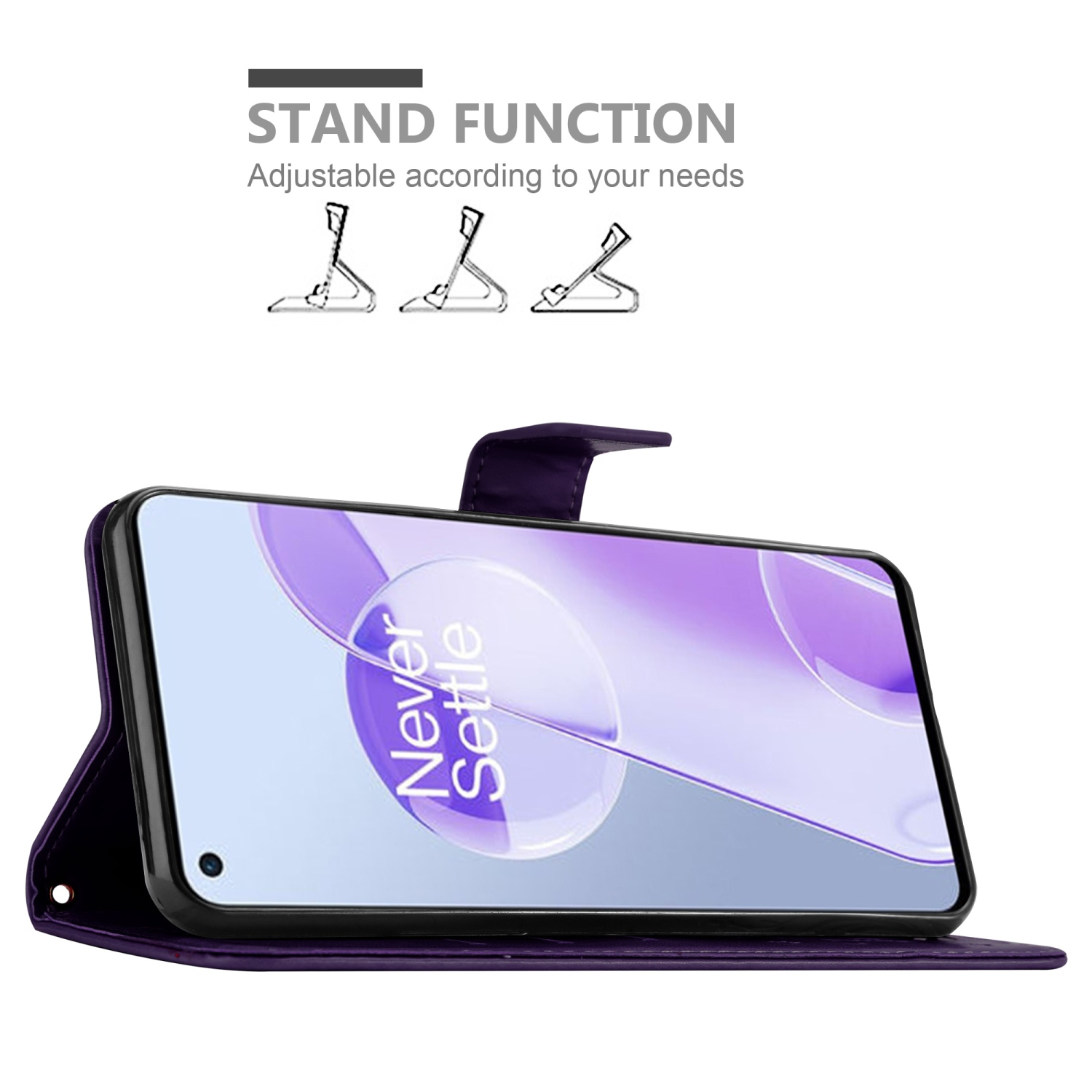 Un telefono in una custodia viola, mostrato in funzione supporto con posizioni regolabili.