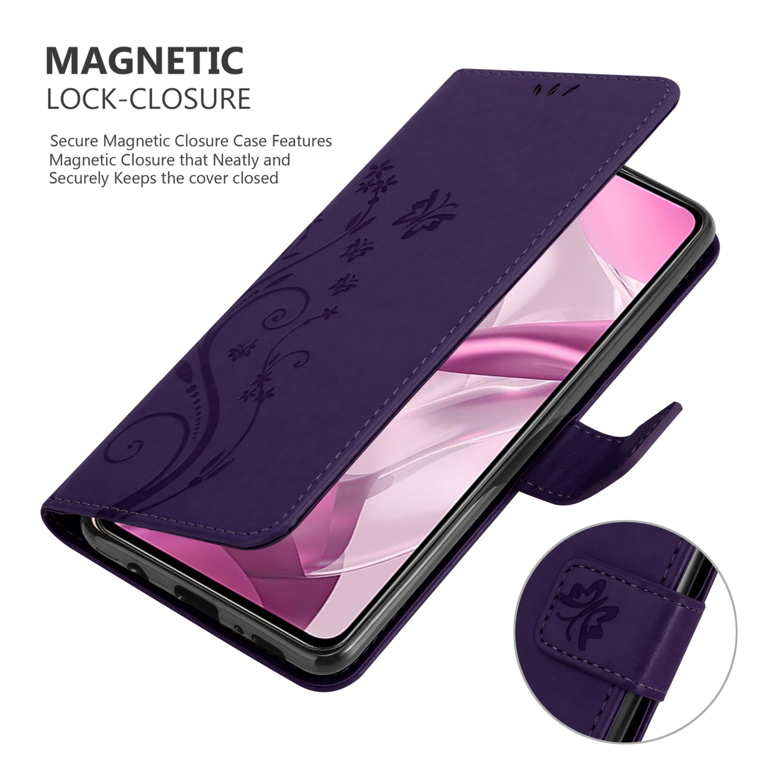 Una custodia per telefono viola con un design floreale. Il telefono è visibile all'interno, la custodia è aperta.