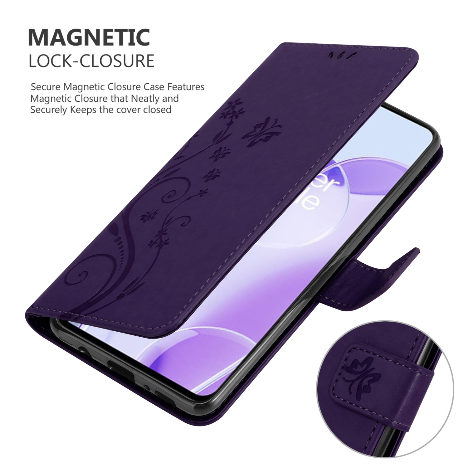 Custodia viola per telefono con design floreale, aperta, che mostra il telefono. Un piccolo dettaglio circolare è visibile.