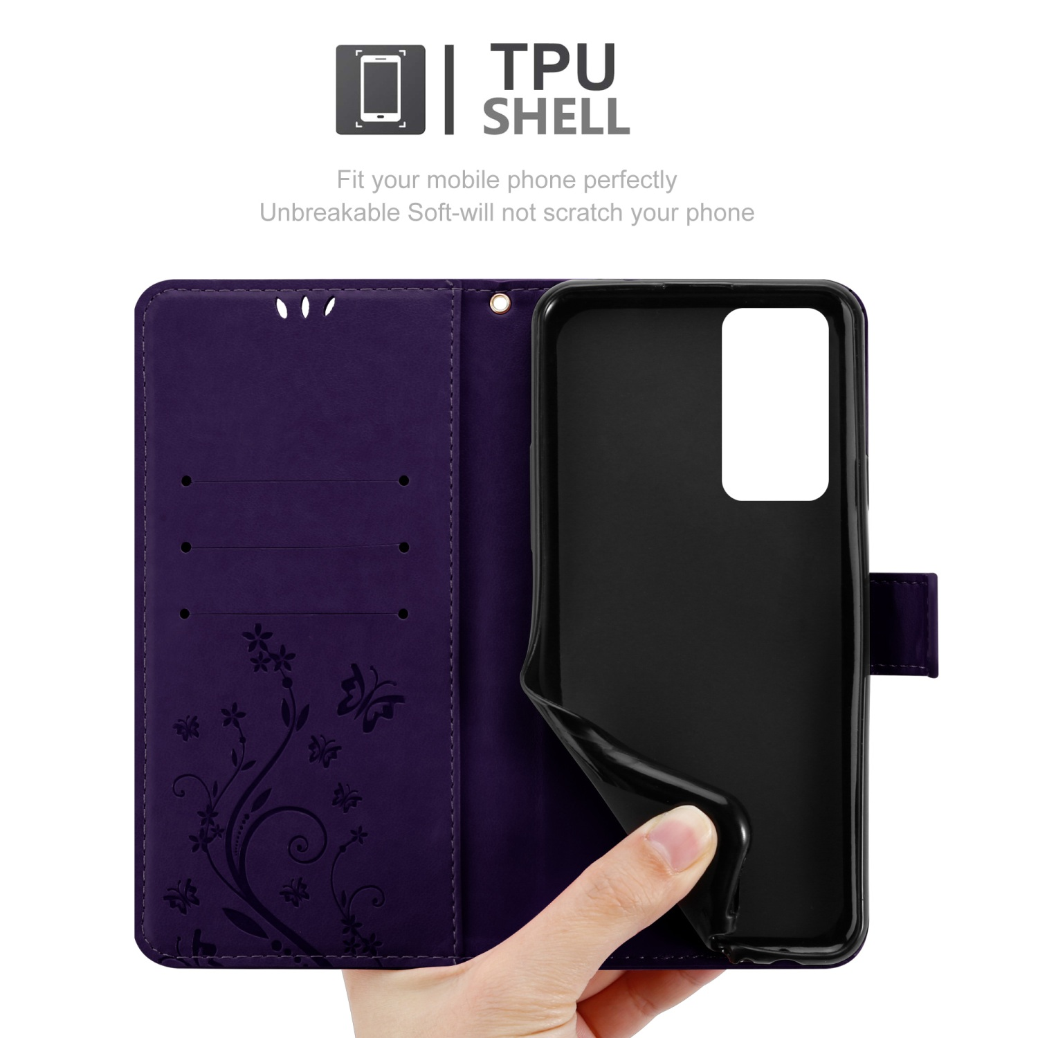 Custodia viola aperta, che mostra l'interno nero con telefono. Design floreale sul davanti.
