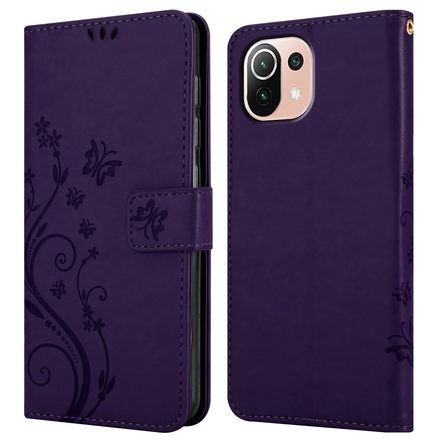 Custodia viola, chiusa e aperta, con design floreale. Fotocamera del telefono visibile. La custodia ha una chiusura magnetica.