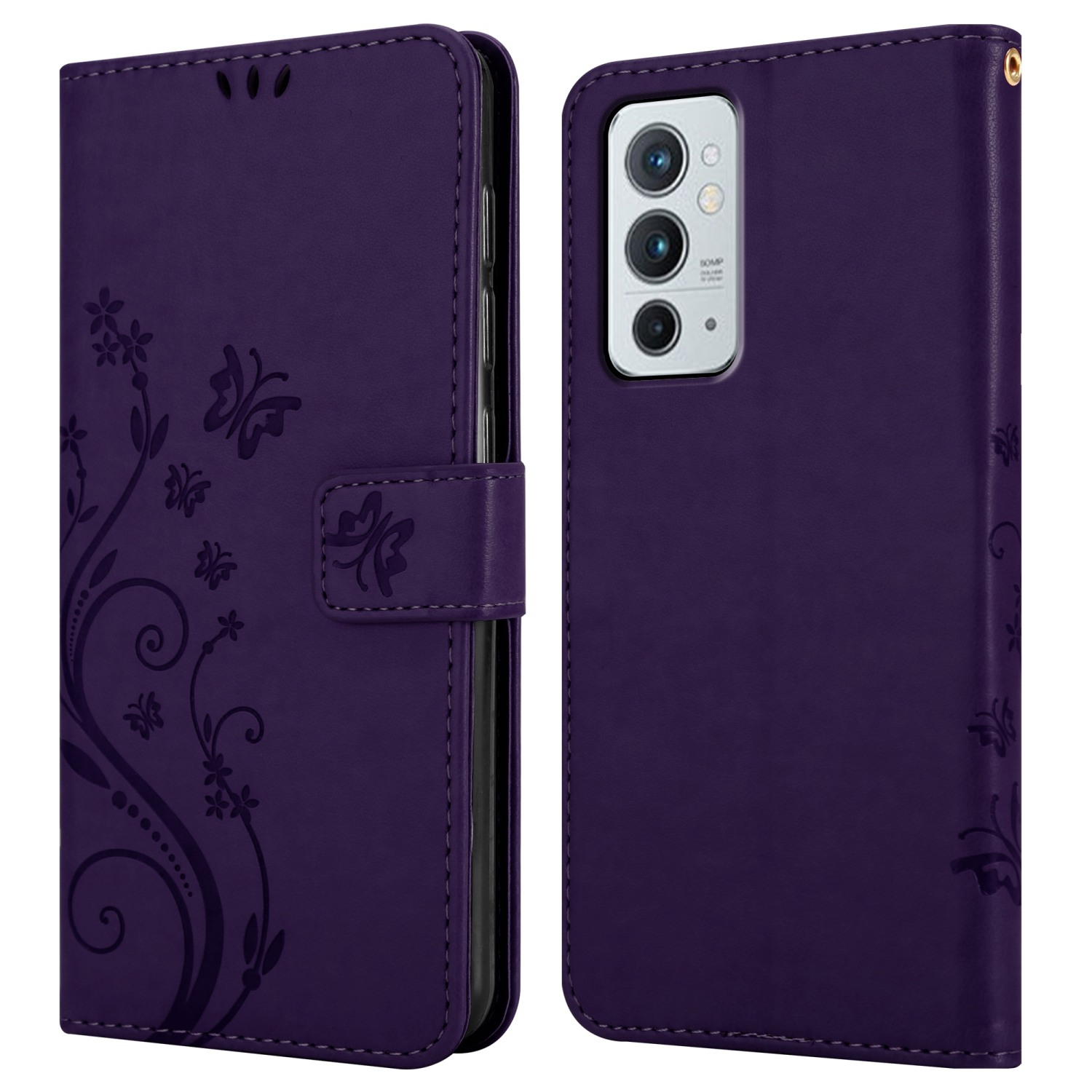 Custodia a portafoglio viola con telefono. La custodia ha un design floreale. Il telefono è nella custodia.