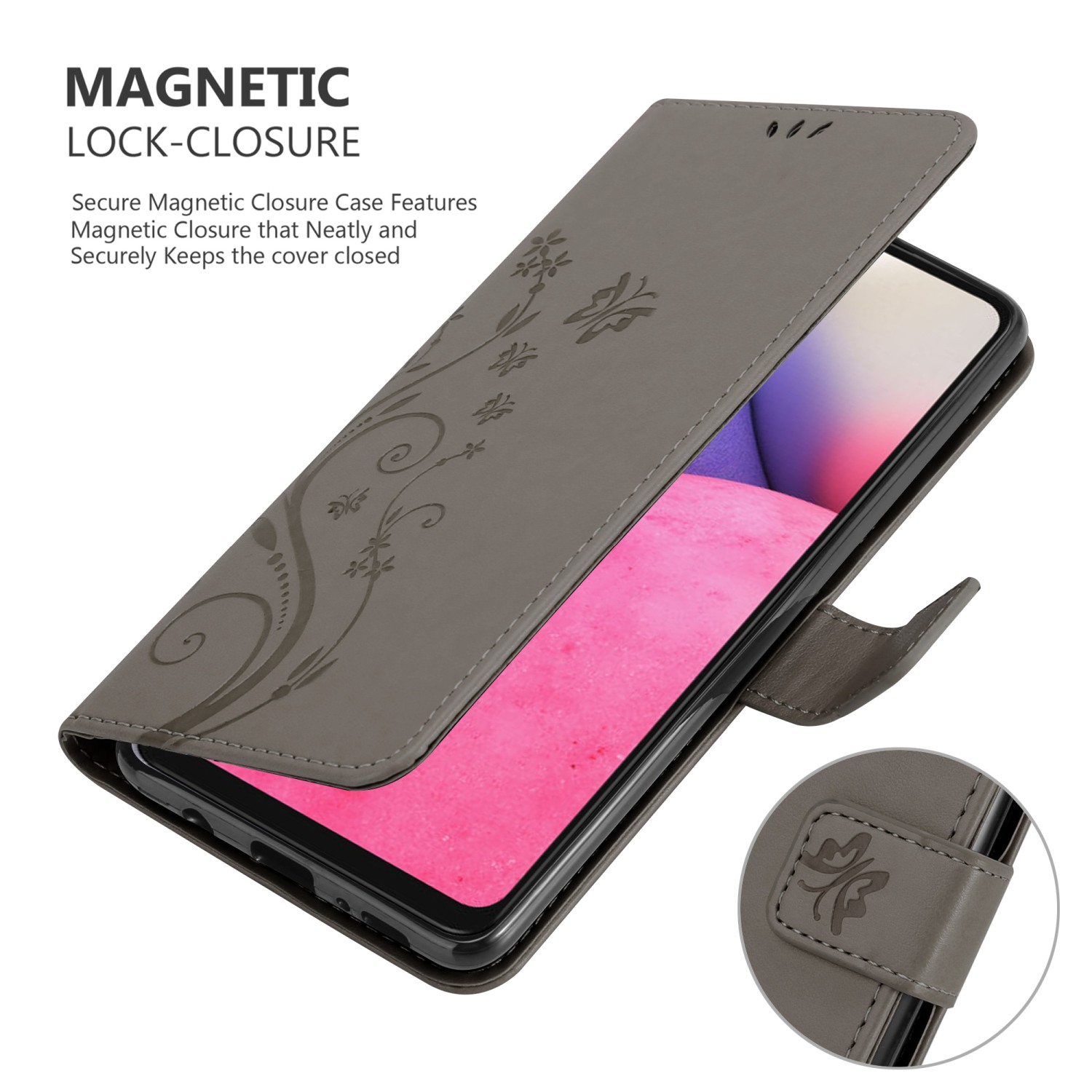 Una custodia per telefono grigia con un design floreale, aperta, che mostra il telefono. Chiusura magnetica.