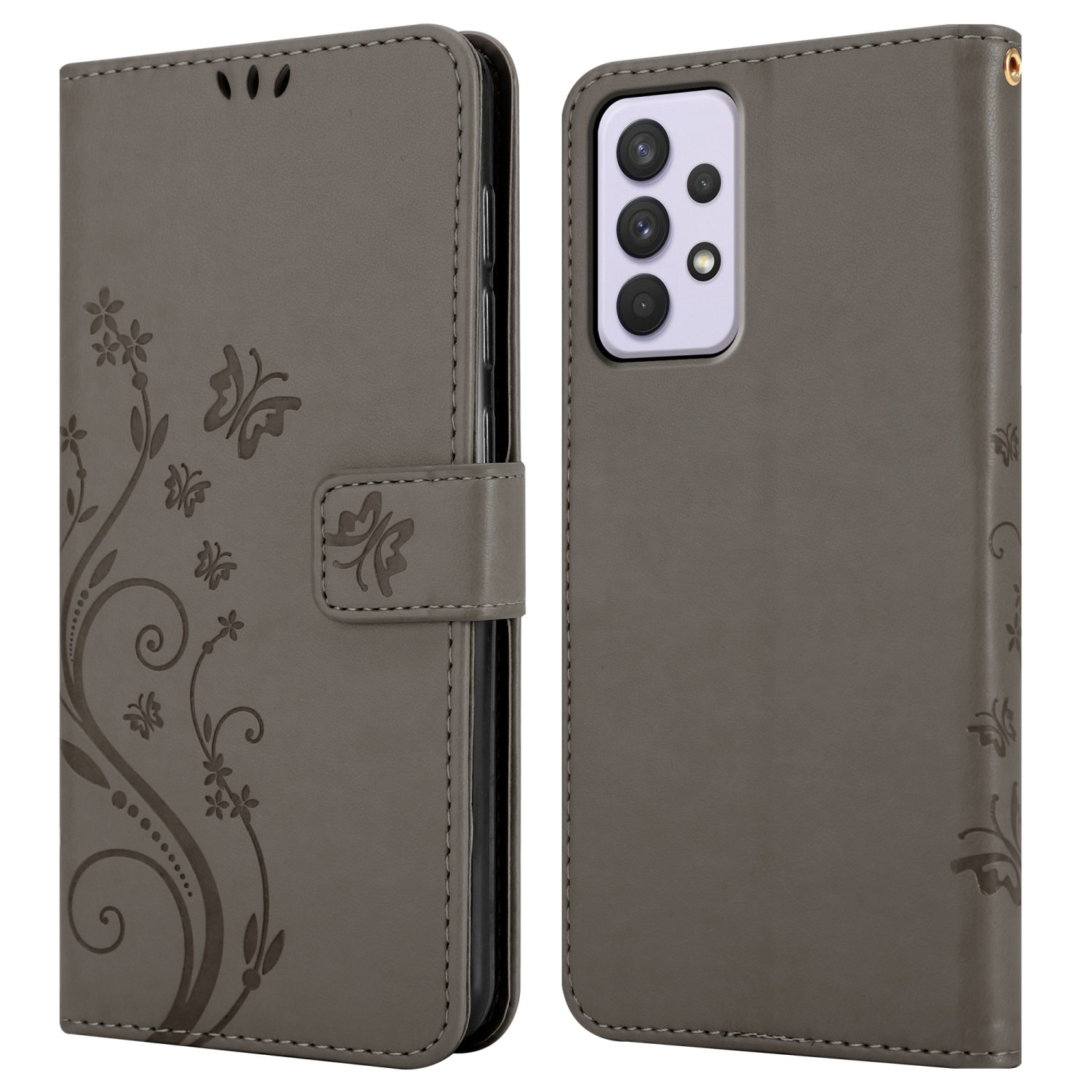 Una custodia per telefono grigia, chiusa e aperta, con un design floreale e un fermaglio. Il telefono è sul lato destro.